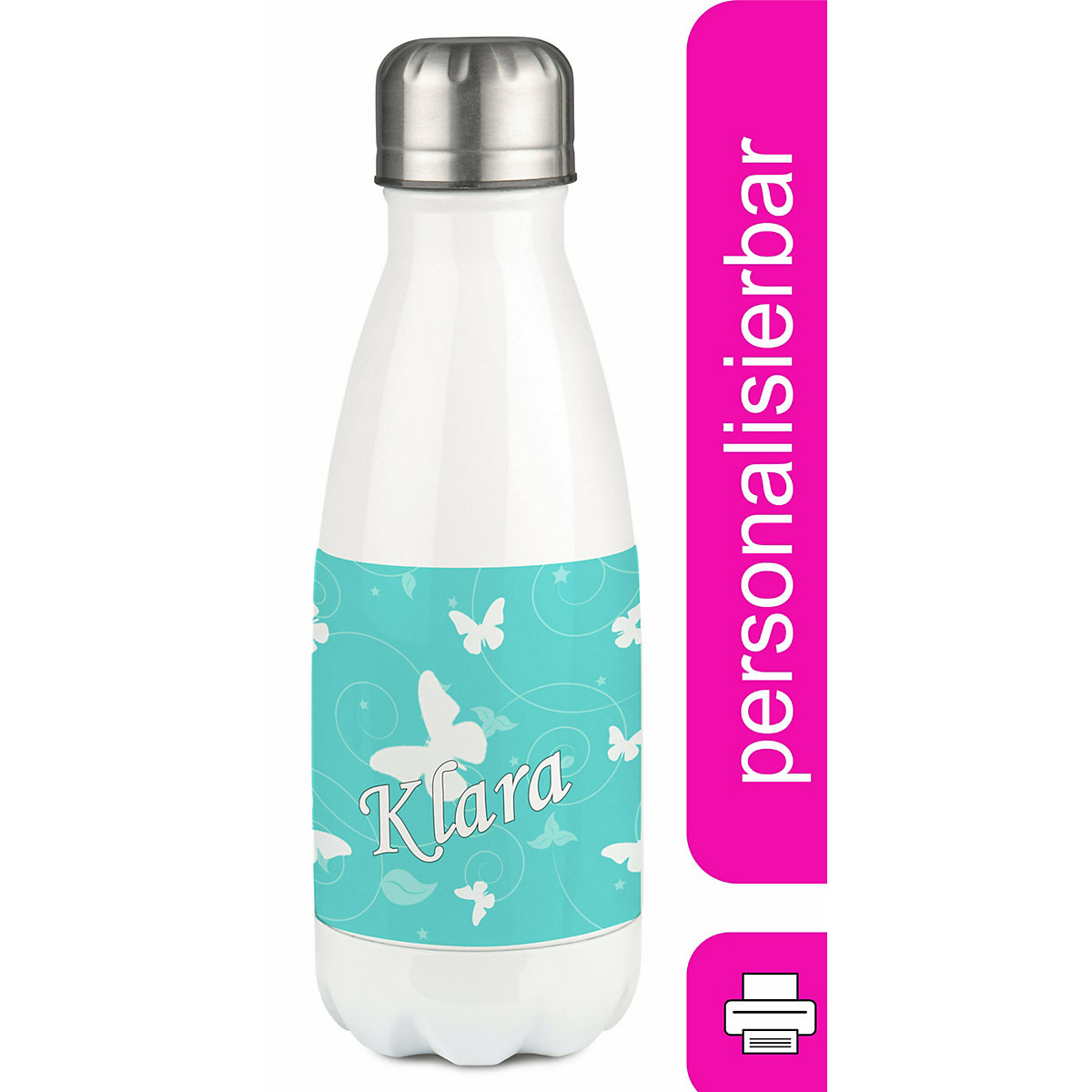 Edelstahl Kinder Thermoflasche / Trinkflasche bunt Schmetterling Ornamente Farbe türkis Spülmaschinenfest, Auslaufsicher, Bruchfest, Doppelwandig, Für Heißgetränke geeignet, Mit Deckel, Isoliert