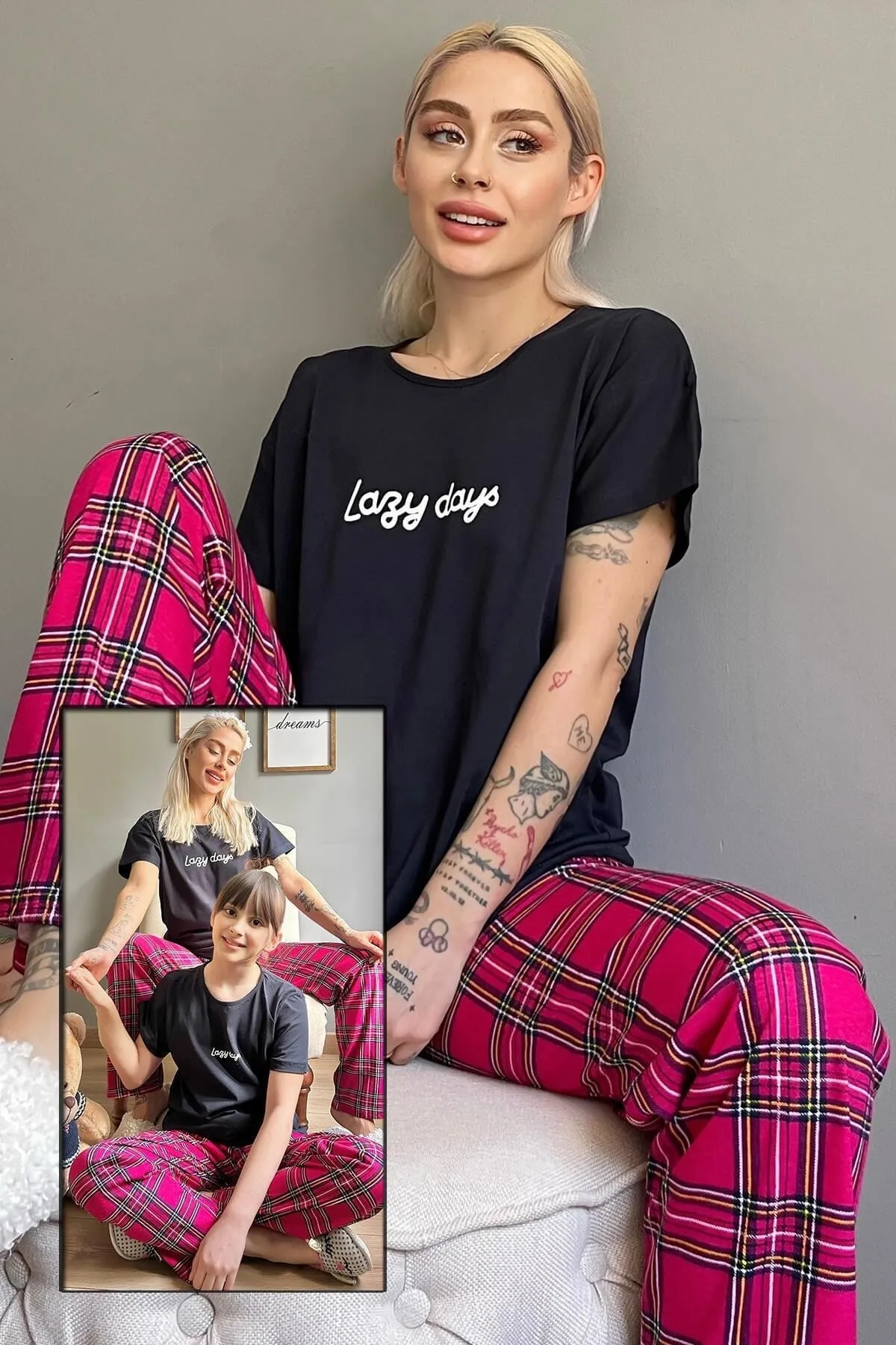 Pijamaevi  Lazy Days Kurzarm-Mutter-Tochter-Familienpyjama – Damen-Set