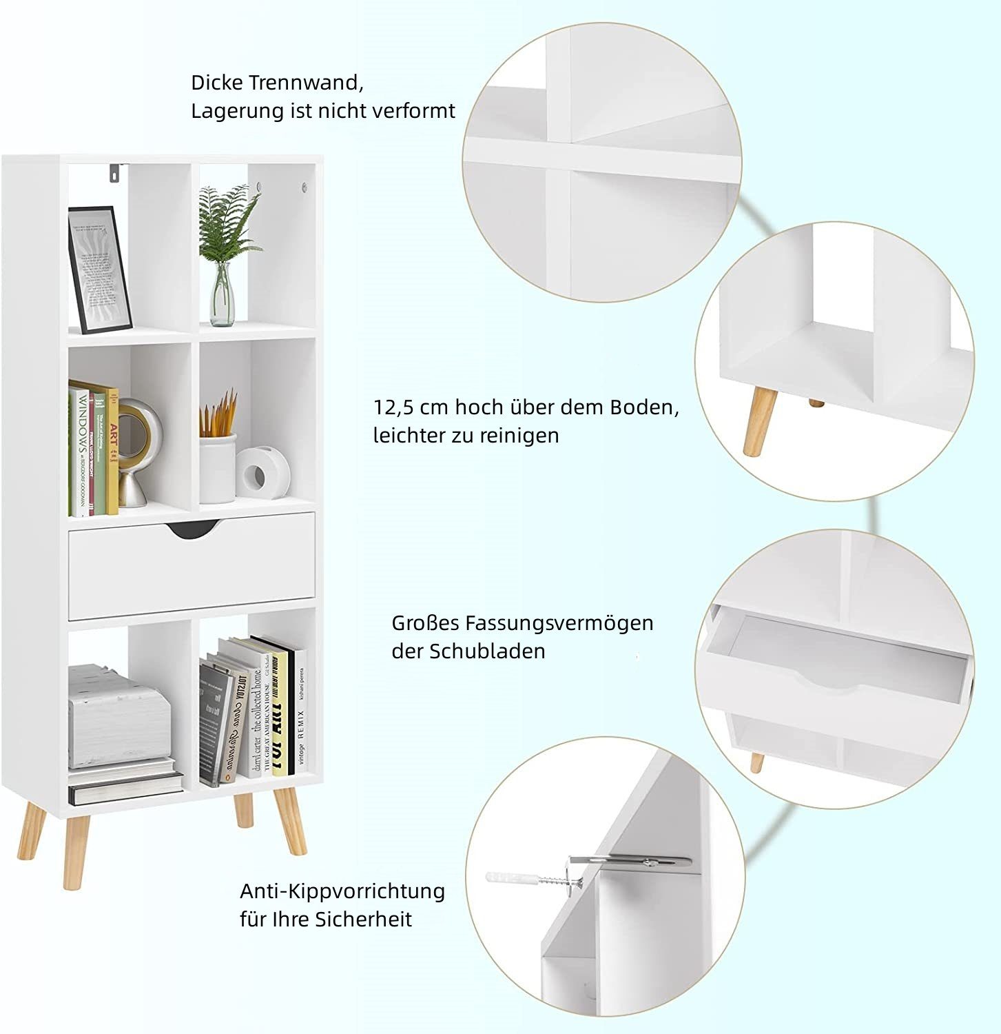 EUGAD Bücherregal, 1-tlg., Raumteiler Aktenregal mit Schublade, aus MDF, Weiß