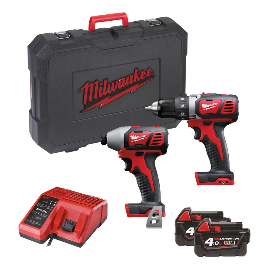 Milwaukee 4933447126 M18 BPP2D-402C Set combinat Mașină de găurit M18BDD + Șurubelniță cu impact M18BID 18V 4.0Ah Li-Ion