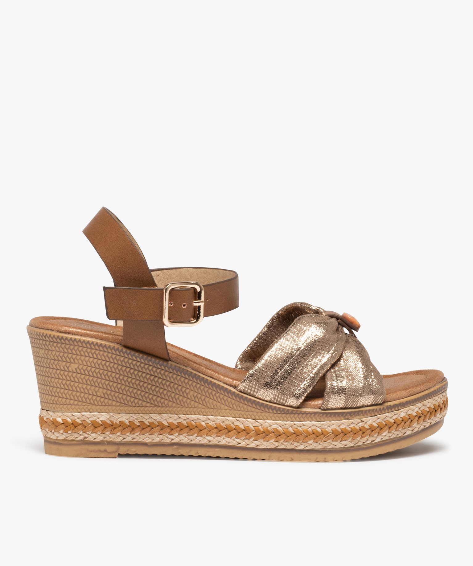 Sandales femme compensées dessus drapé en toile or | GEMO