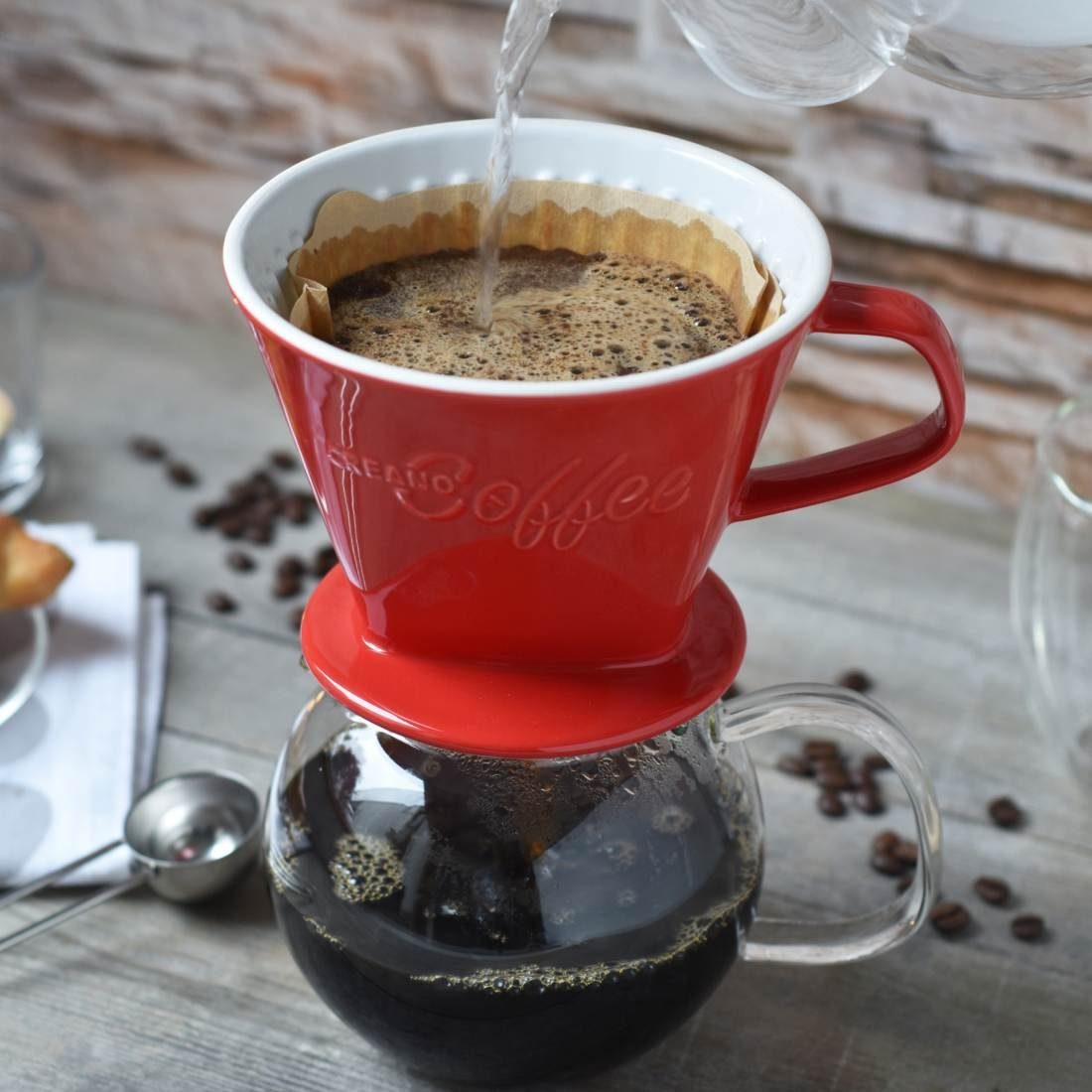 Creano French Press Kanne Creano Porzellan Kaffeefilter (rot), Filter Größe 4 für Filtertüten, Manuell 4
