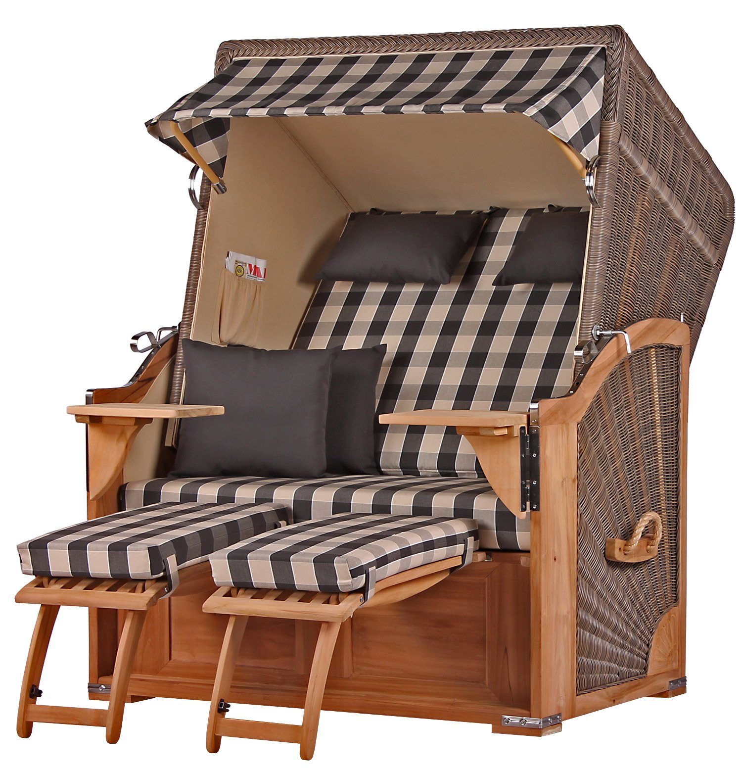 bene living Strandkorb Schaalsee 2-Sitzer Teak - PE grau - Modell 505, BxTxH: 125x80x170 cm, Volllieger ca. 175 Grad, Ostsee-Strandkorb Komplettset, inkl. Liftersystem