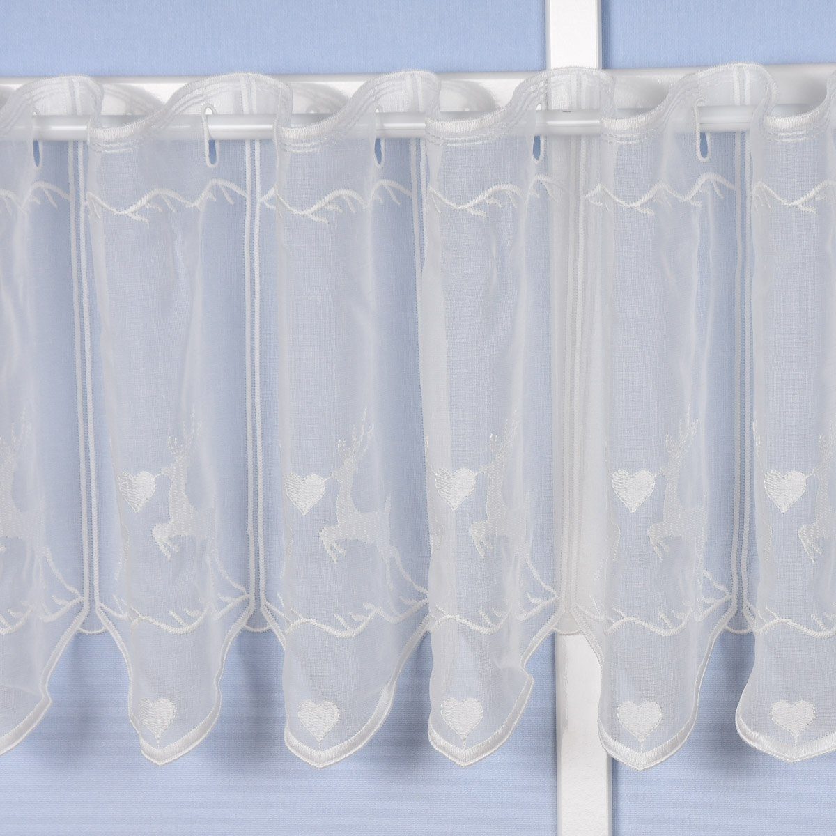 Meterware Stickerei-Scheibengardine transparent und nähfrei Hirschen und Herzen, SCHÖNER LEBEN., halbtransparent, Stickerei/Stickstoff, bestickt