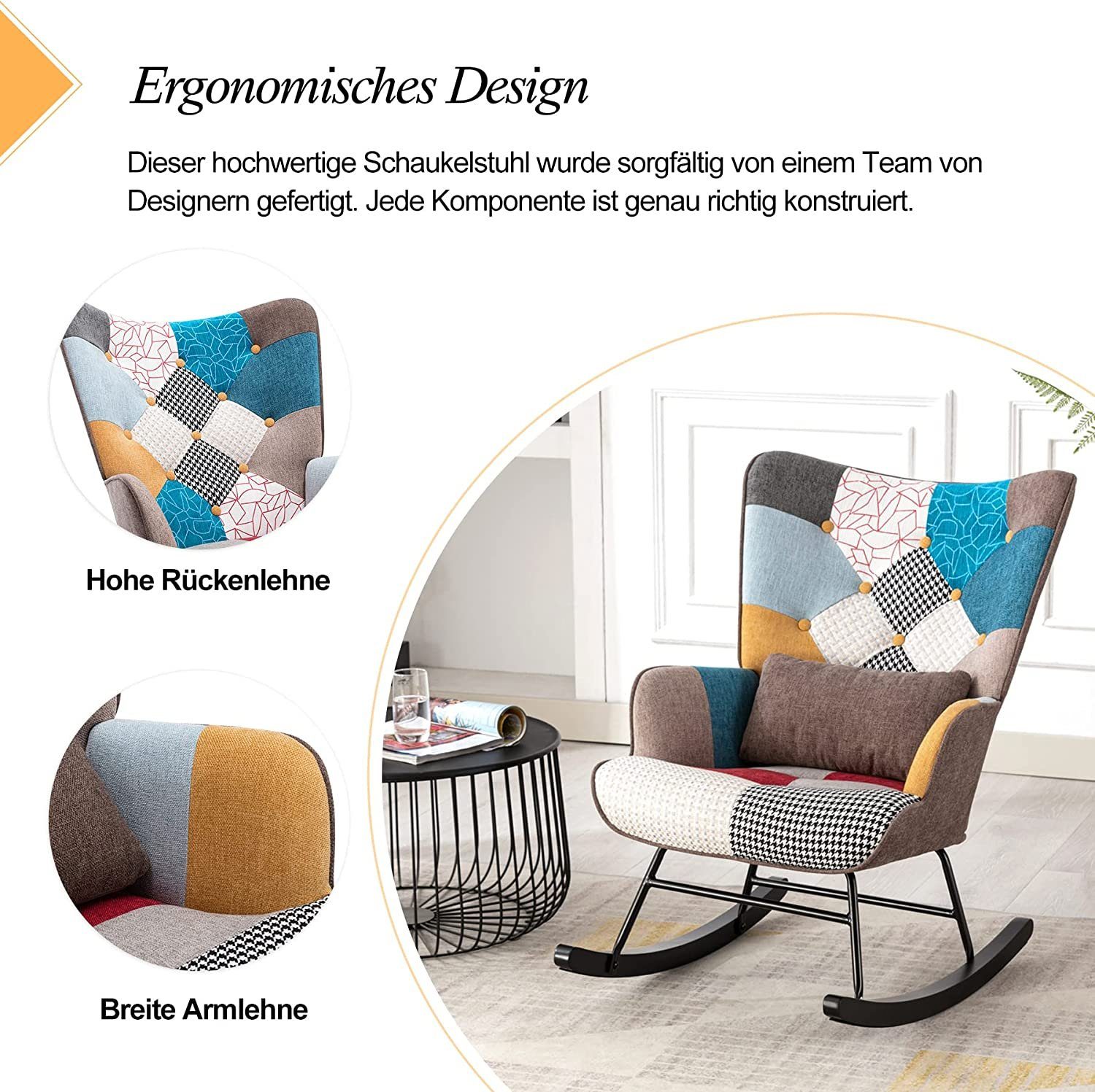 HomeMiYN Schaukelstuhl Schaukelstuhl Patchwork Sessel Schwingsessel Relaxstuhl Wohnzimmer, Relaxfunktion, das Baby zum Schlafen bringen