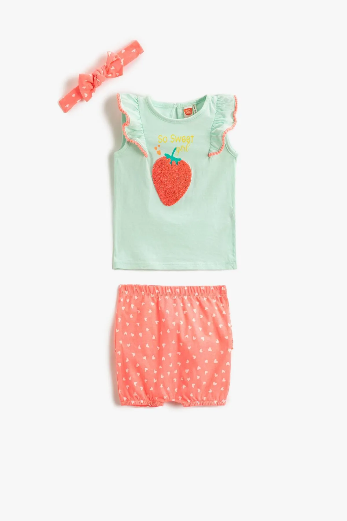 Koton  Rüschen-T-Shirt – Set aus Shorts und Stirnband, Erdbeere bedruckt mit Applikationsdetails