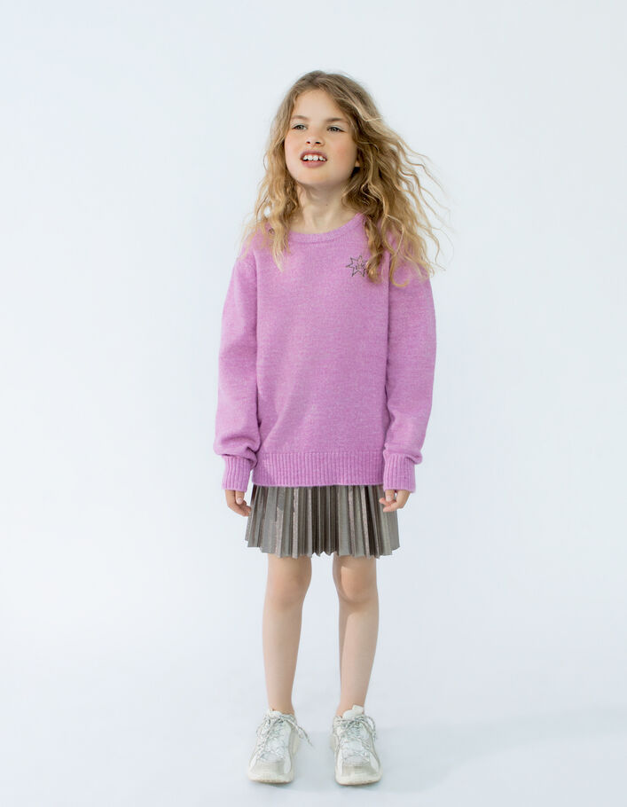 Pull rose foncé tricot avec broderie fille