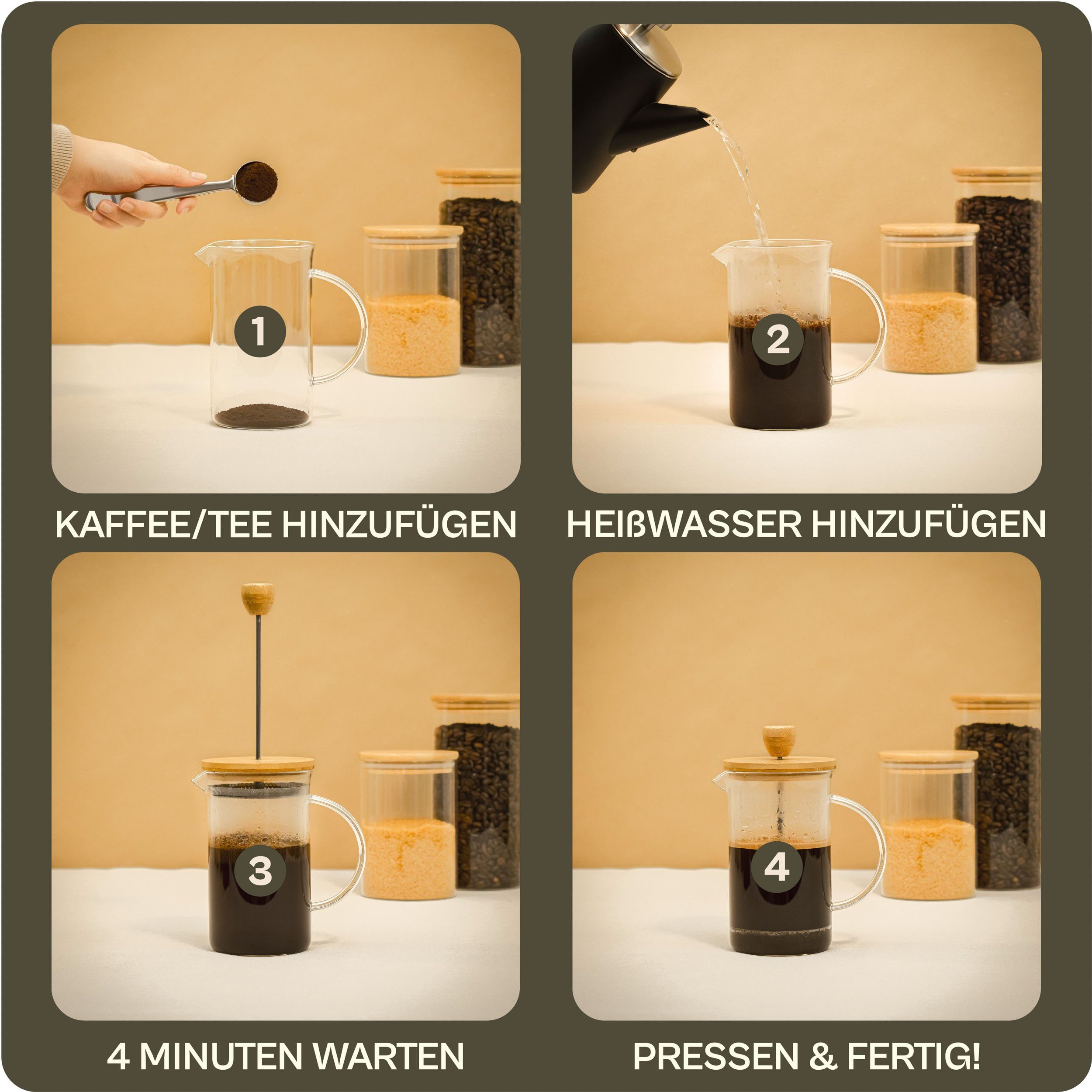 Cosumy French Press Kanne French Press aus Glas 0,6 Liter, 0,6l Kaffeekanne, Kaffeebereiter für 2 Tassen Kaffee - Mit Dosierlöffel und Reinigungspinsel
