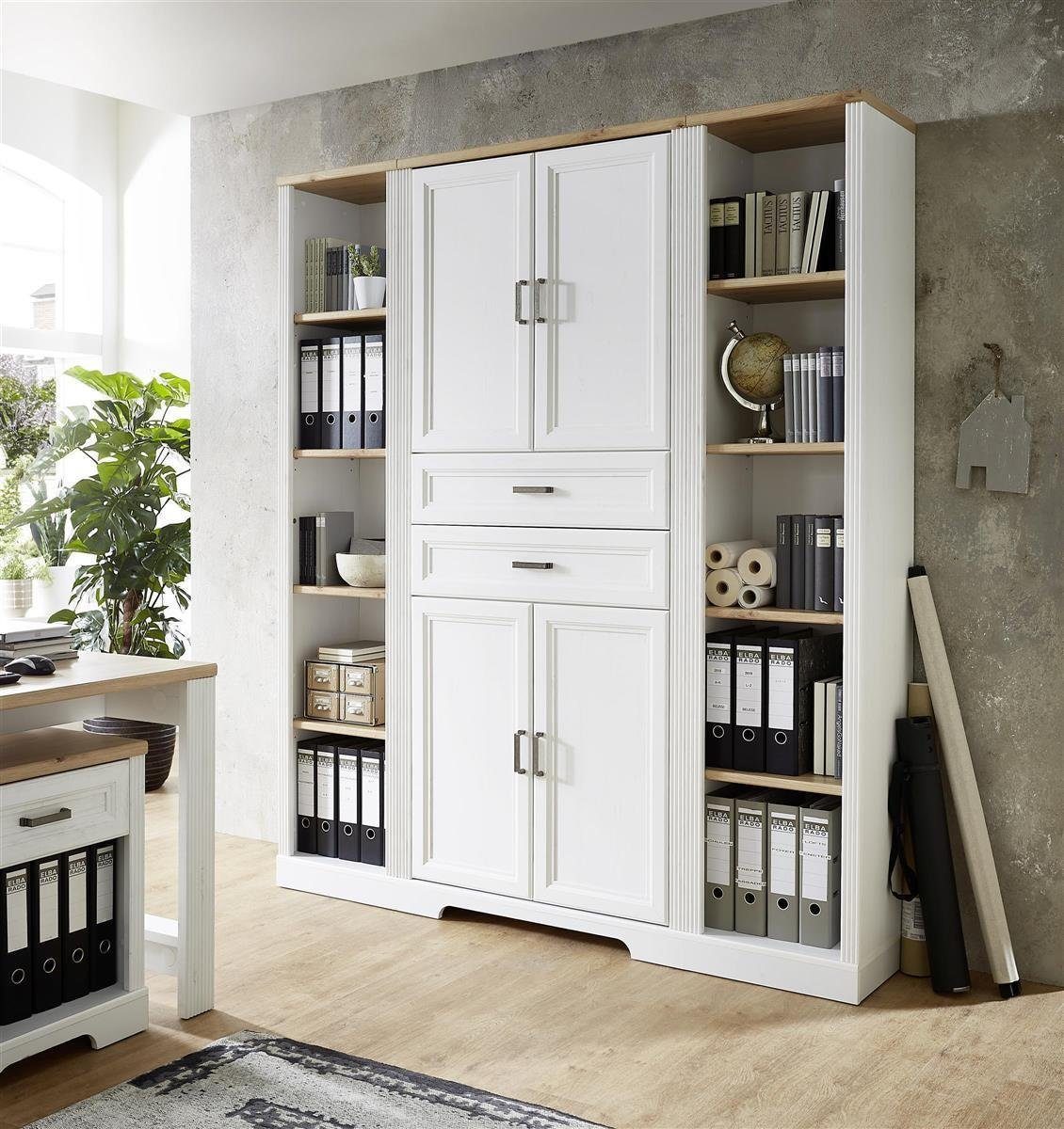 möbelando Aktenregal Jasmin, Aktenregal im modernen Landhausstil aus Spanplatte in Pinie hell Nachbildung, Absetzungen in Artisan Eiche Nachbildung mit 5 offenen Fächern. Breite 43 cm, Höhe 204 cm, Tiefe 38 cm