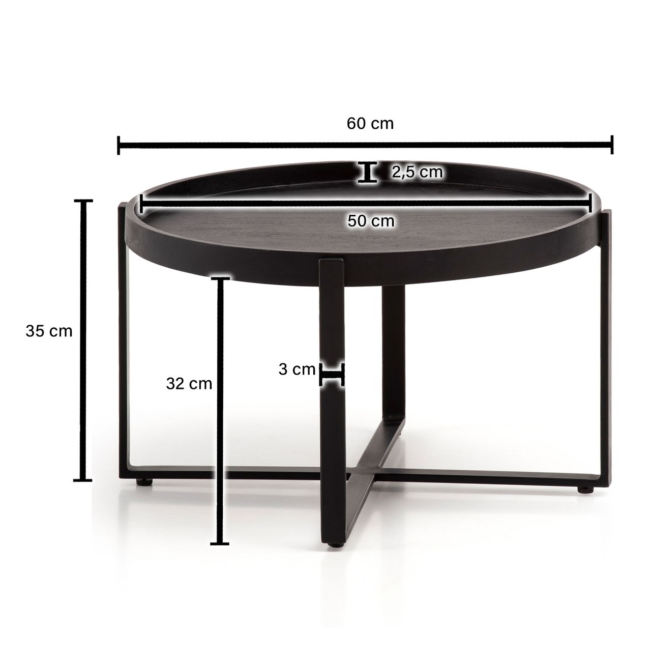 Wohnling Couchtisch Sofatisch Massivholz Schwarz 60x60x35cm Wohnzimmertisch Rund