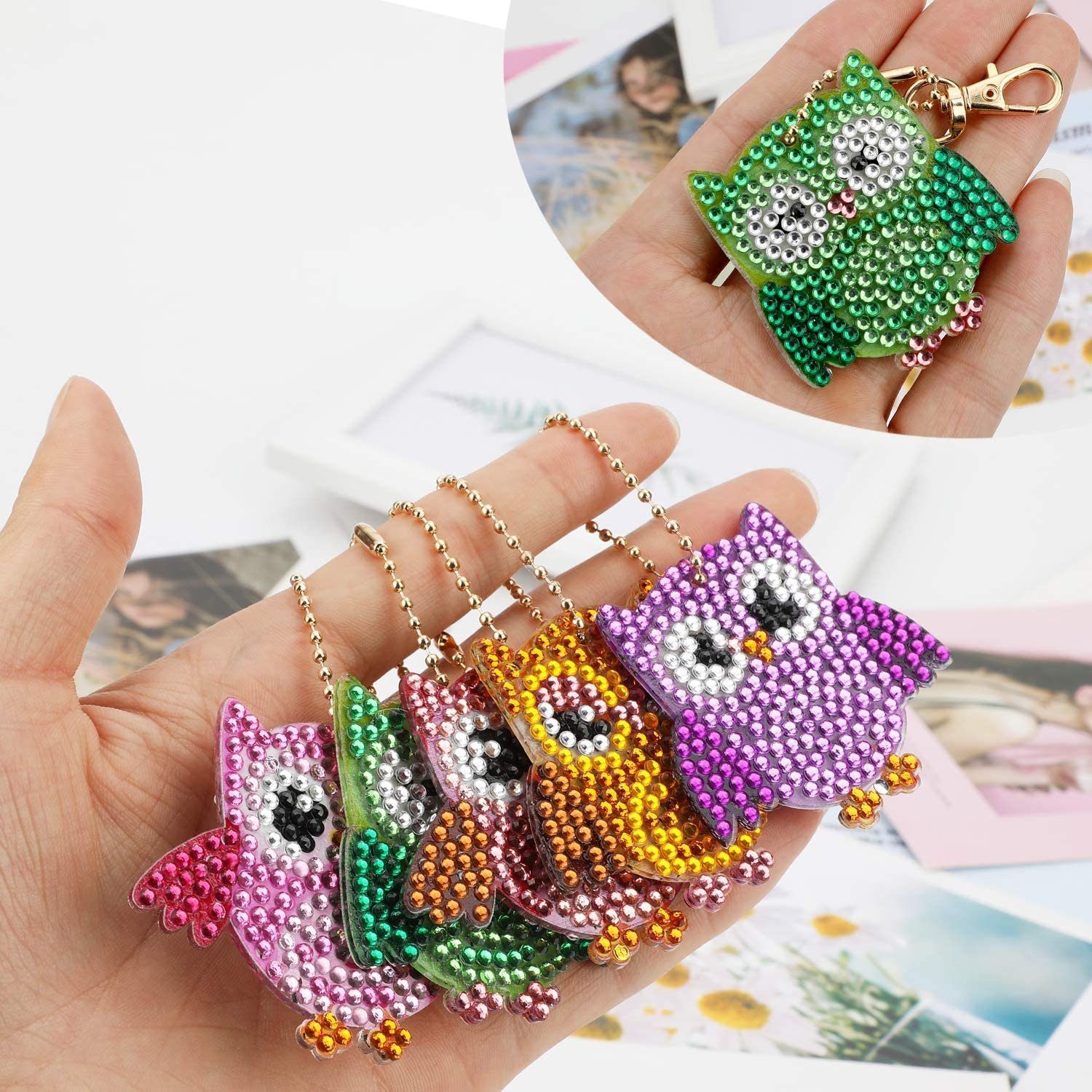 SOTOR Mosaikfliesen 5 Stücke DIY 5D Eule Diamond Art Painting Keychain, Rhinestone Pasted, A, Diamant Malerei Schlüsselbund Stickerei Kunst Handwerk