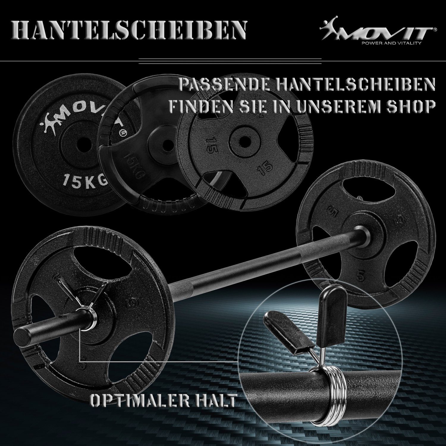 MOVIT Langhantelstange Movit® Profi Langhantelstange, 30mm STANDARDNORM, Stahl, (Langhantel, 120-tlg), verchromt o. schwarz, Sternverschluss o. Federverschluss, Größenwahl
