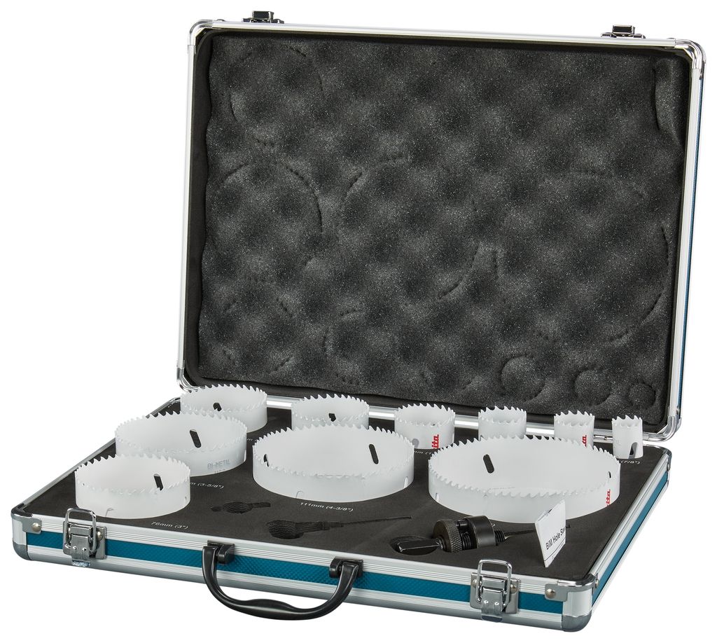 Juego de brocas de corona Makita D-75764 de 13 piezas (22/29/35/44/57/64/76/92/111/127 mm) para madera y metal, en estuche de aluminio.