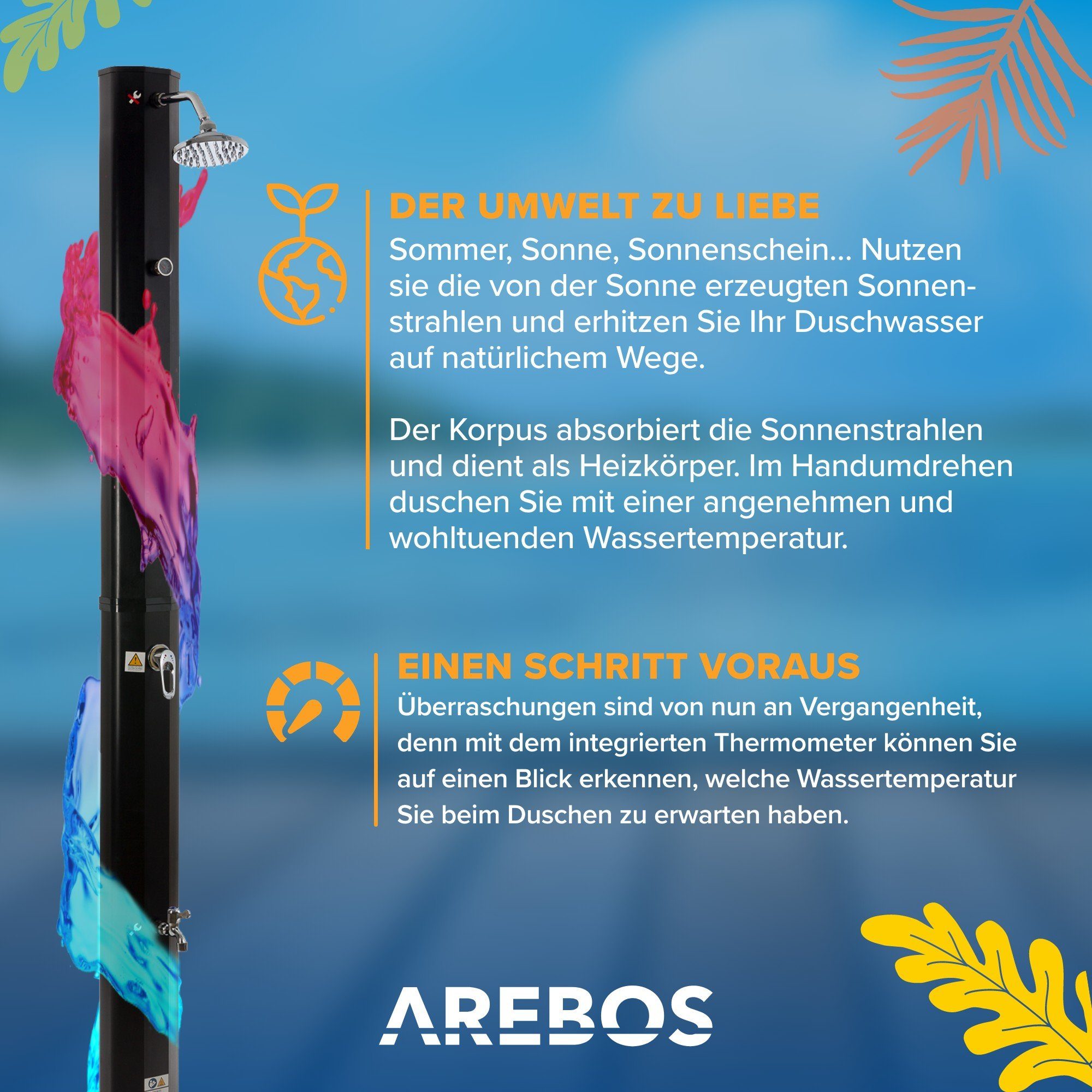 Arebos Solardusche 35 Liter, 216 cm, bis 60°C, inklusive Abdeckhaube (Stück, 1 St., Solardusche)