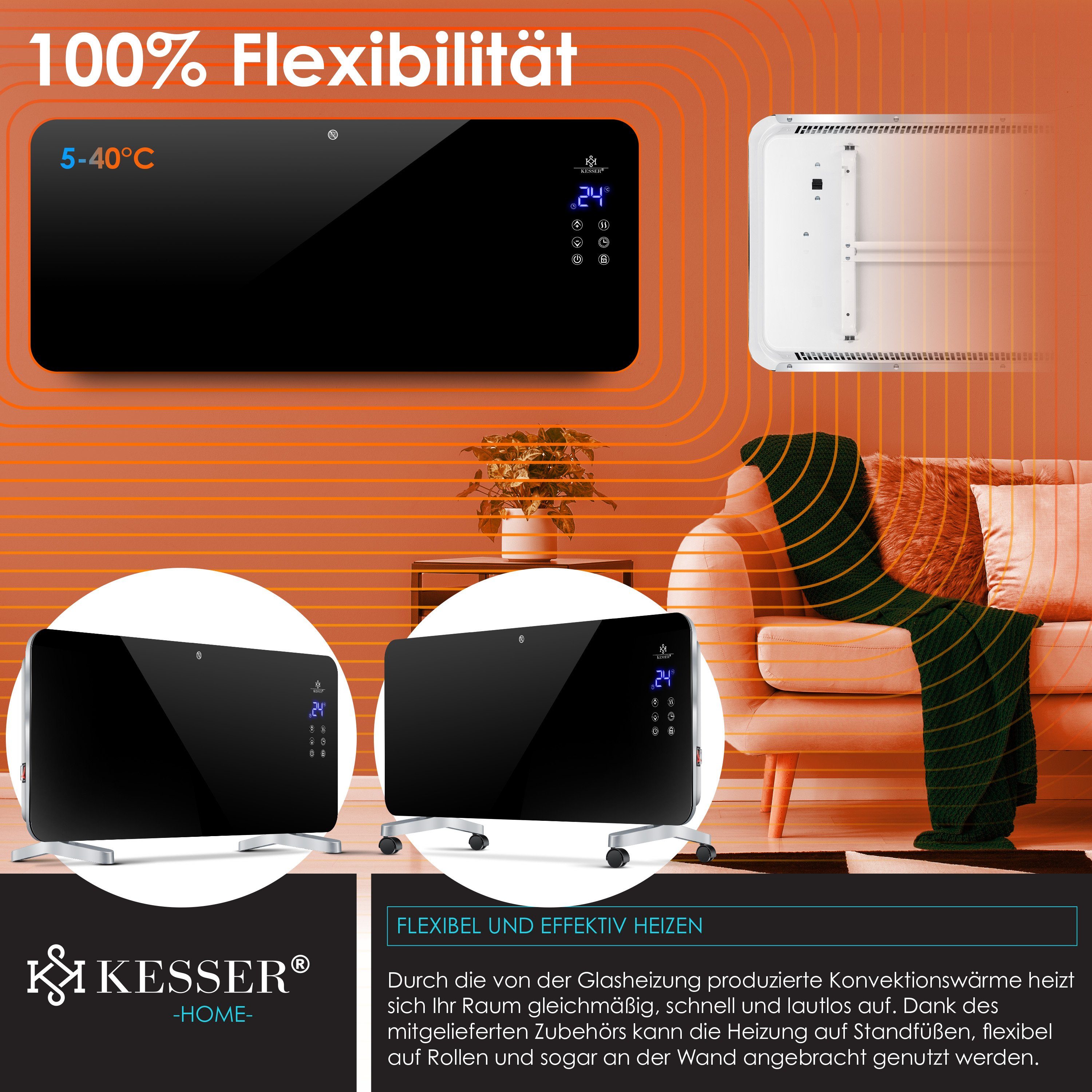 KESSER Heizgerät, 2000 W, Elektro Glasheizung Konvektor Elektroheizung Heizung