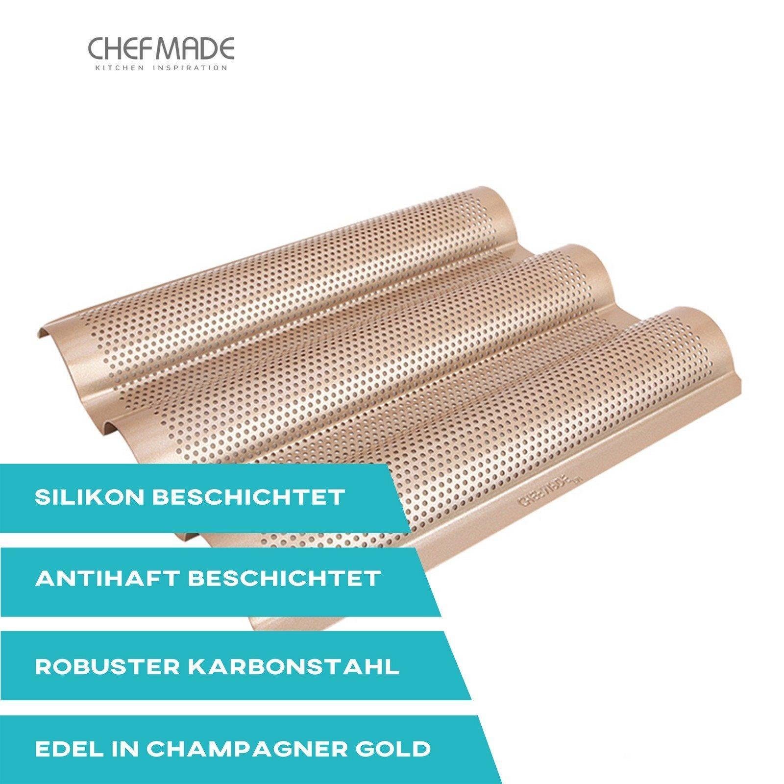 Chefmade Baguetteblech Backblech, Karbonstahl, (CHEFMADE, 3 Mulden Baguetteblech, 270x242x22mm, Champagnergold, antihaft- & silikonbeschichtet, Baguetteform, Ciabatta Backform, Backblech, Brötchenblech, perforiert, Karbonstahl, 1-St., Premium), Brotb
