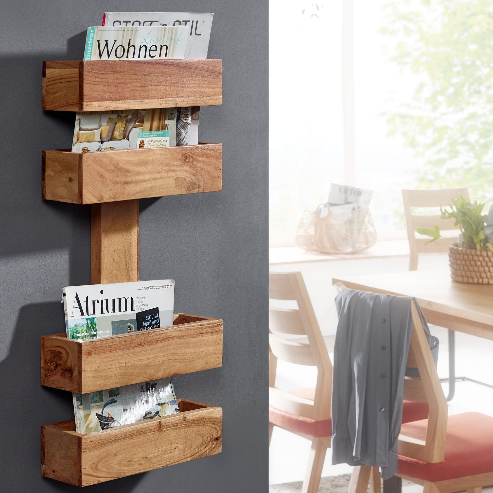 Wohnling Zeitungsständer WL1.534 (Akazie Massivholz 30x72x10 cm mit 2 Ablagen), Zeitschriftenständer Wand, Zeitungshalter Modern