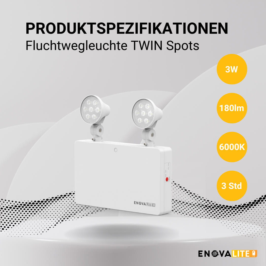 ENOVALITE LED-Fluchtwegleuchte Twin-Spot 3W, Notausgang mit Notstromeinheit, TEST-Funktion, Wandmontage, IP65