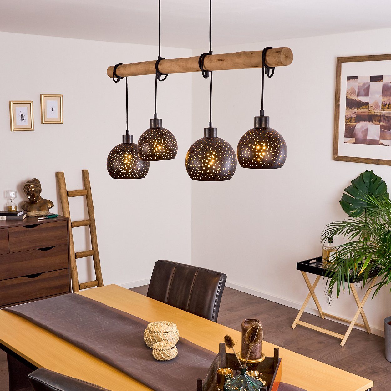 hofstein Pendelleuchte Nave 4-flammige Deckenlampe aus Metall in schwarz und kupferfarben, ohne Leuchtmittel, Vintage Look Pendellampe mit Holz in Natur, 4xE27