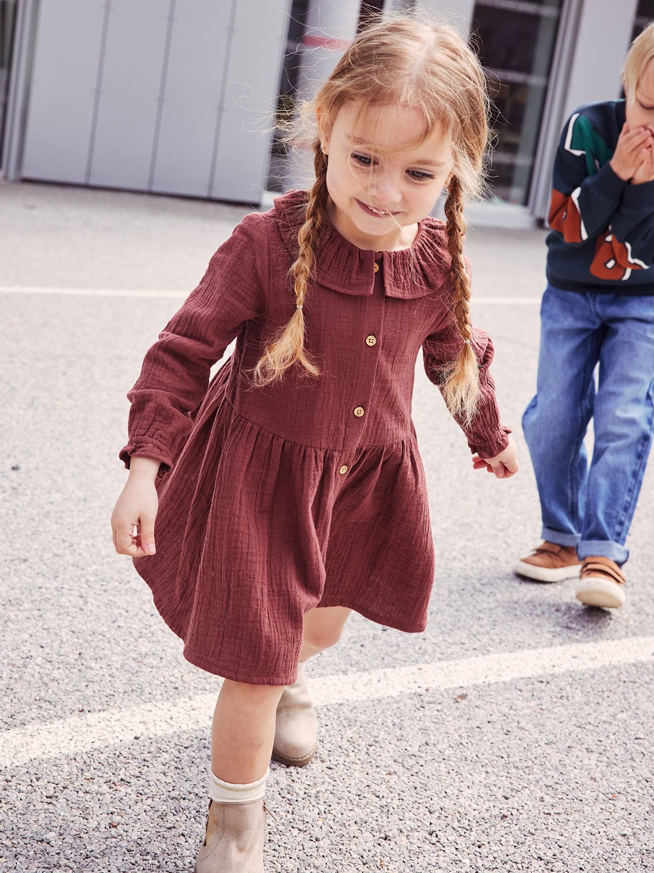 Robe à collerette en gaze de coton fille chocolat