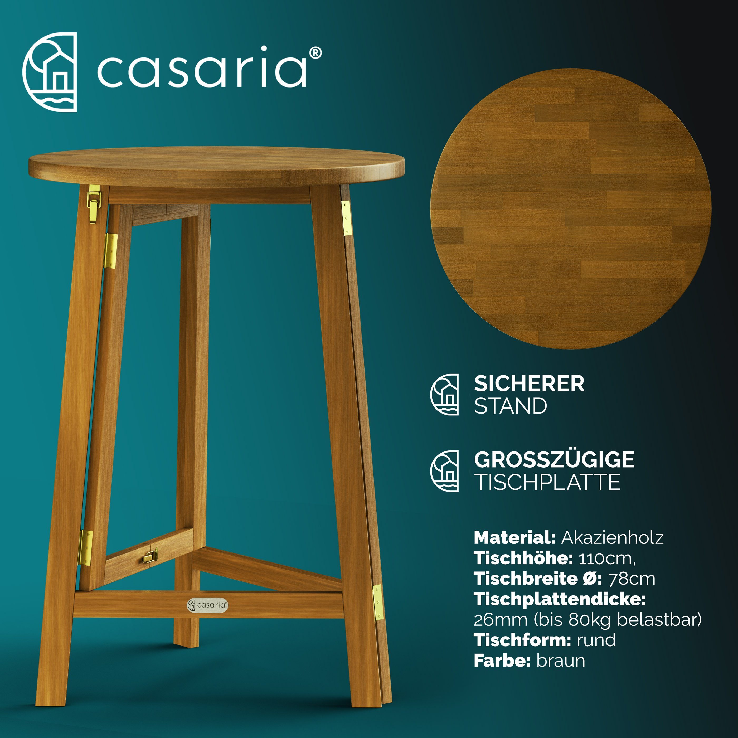 Casaria Stehtisch Akazie (1-St), Holz Klappbar 110cm Hoch Ø78 cm Rund Massiv Rustikal Indoor Outdoor