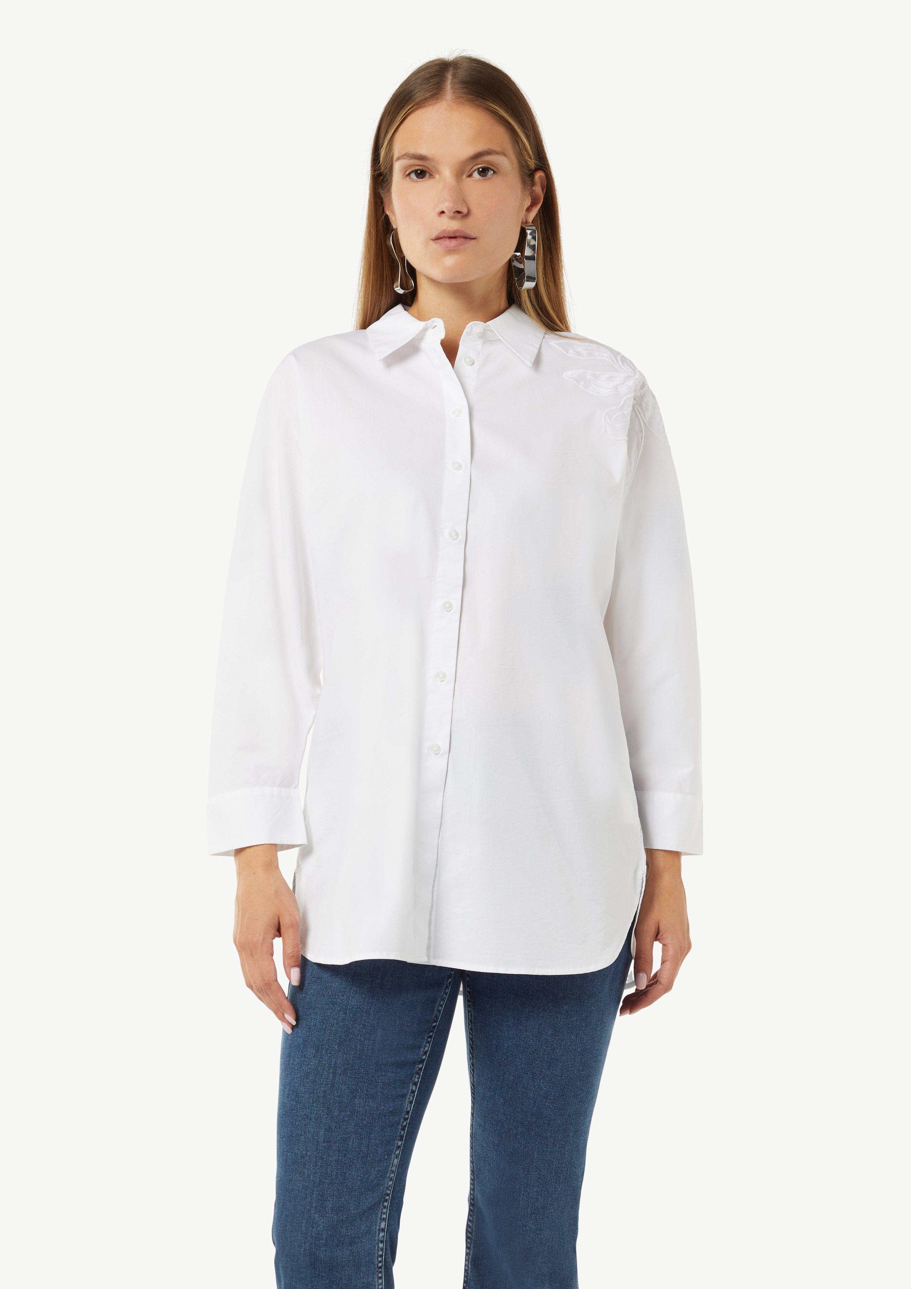 Lange Popeline-Bluse mit verkürzten Ärmeln und Stickerei - weiß