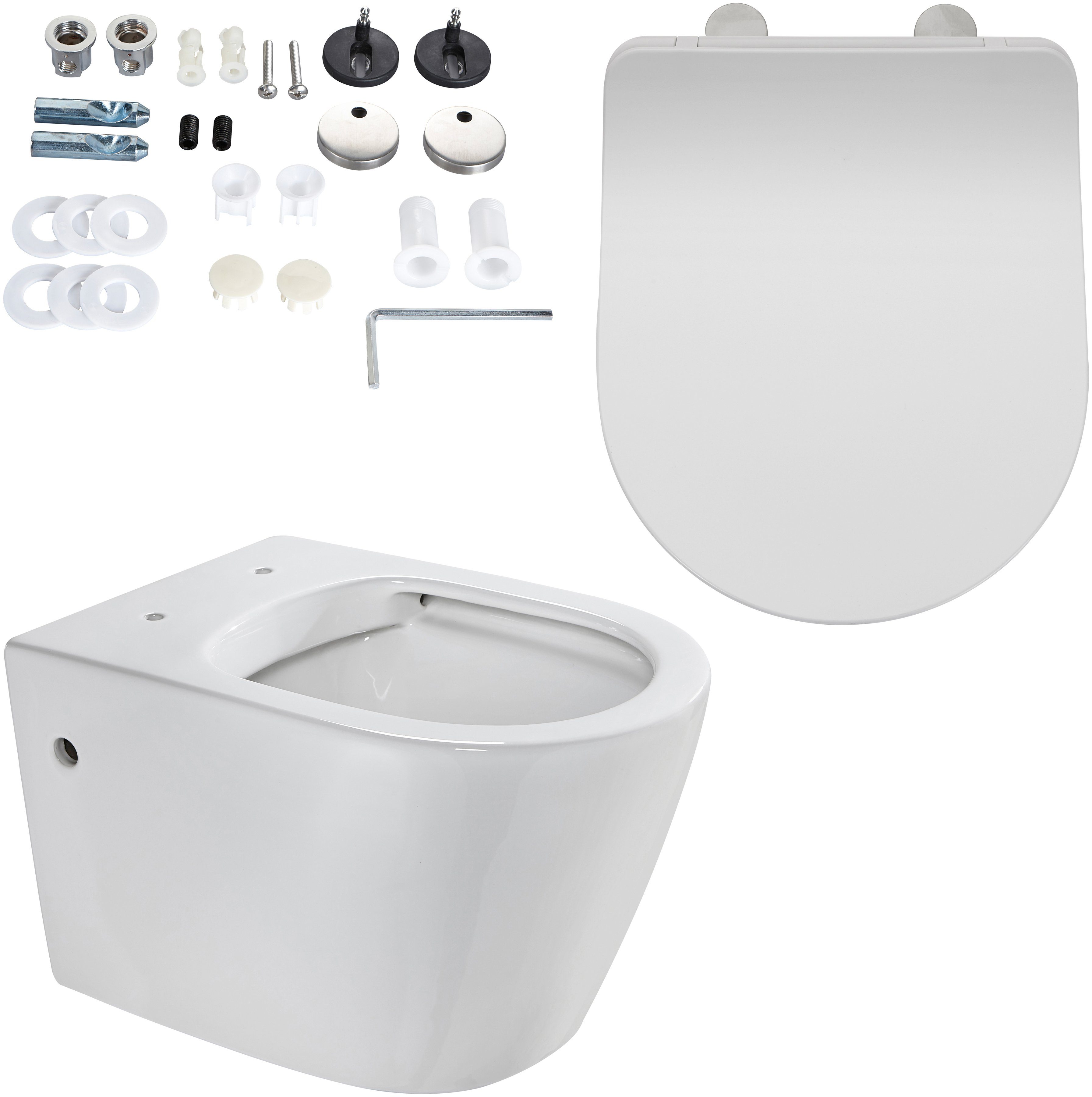 welltime Tiefspül-WC Vigo, wandhängend, Abgang waagerecht, spülrandlose Toilette aus Sanitärkeramik, inkl. WC-Sitz mit Softclose