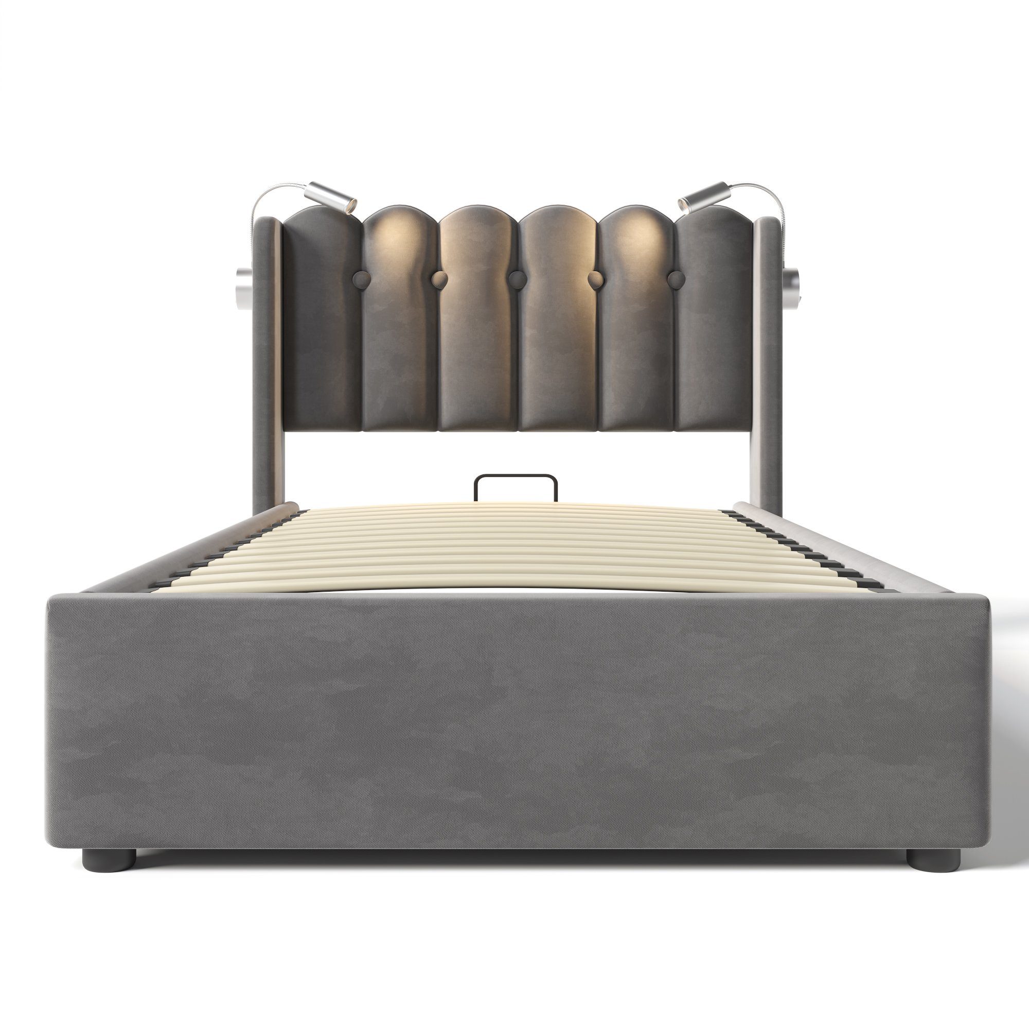 Fangqi Polsterbett 90x200 gepolstertes Bett,2 Leselampen,USB-Aufladung,großer Bettkasten (Einzelbett, Jugendbett, Familienbett, Weicher Bettrahmen, USBx2, Leselampex2, Bettkasten), Bettkasten mit Oxford-Tuch, Eisenrahmen, Gasdruckfederbetten