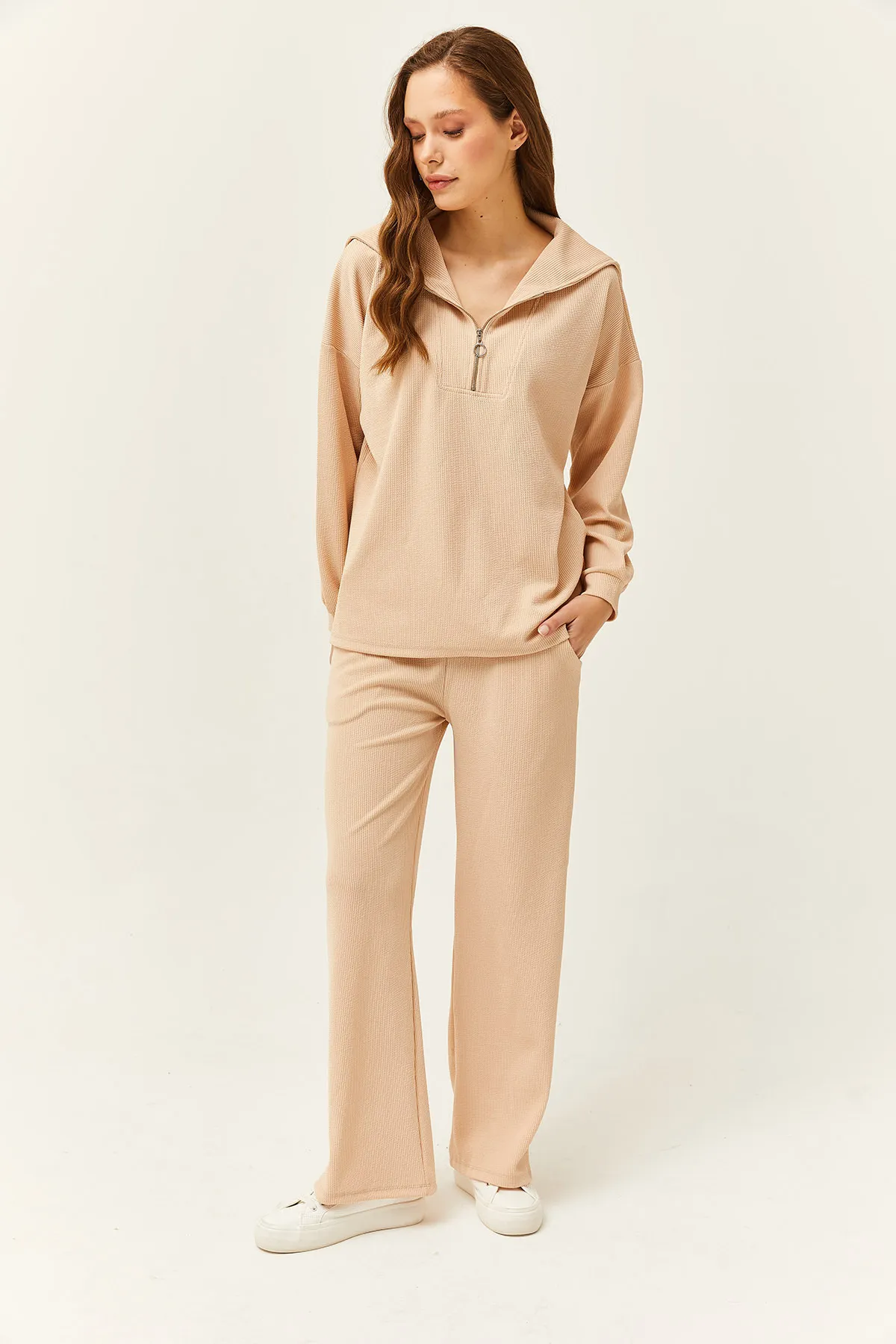 Olalook  Beiges Damen-Set mit Oberteil und Pullover mit Reißverschluss, Palazzo-Hose, TKM-19000240