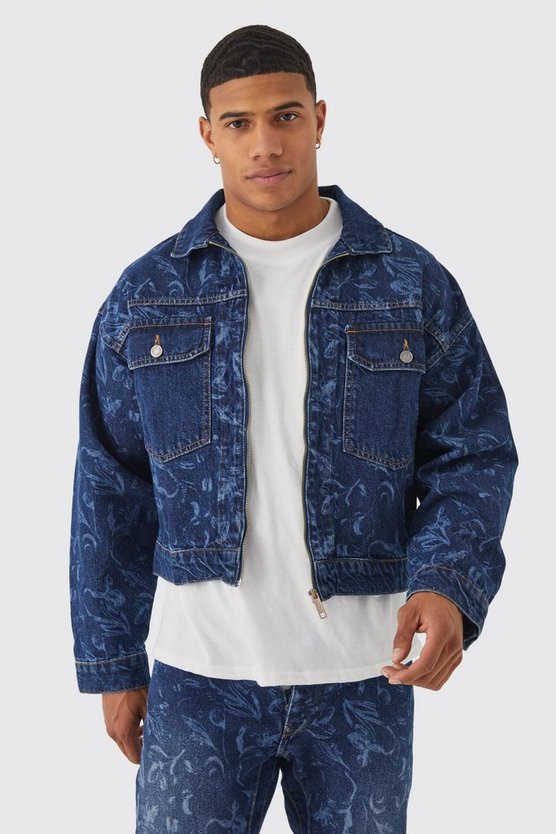 Kastige Jeansjacke mit Reißverschluss und Laser-Print