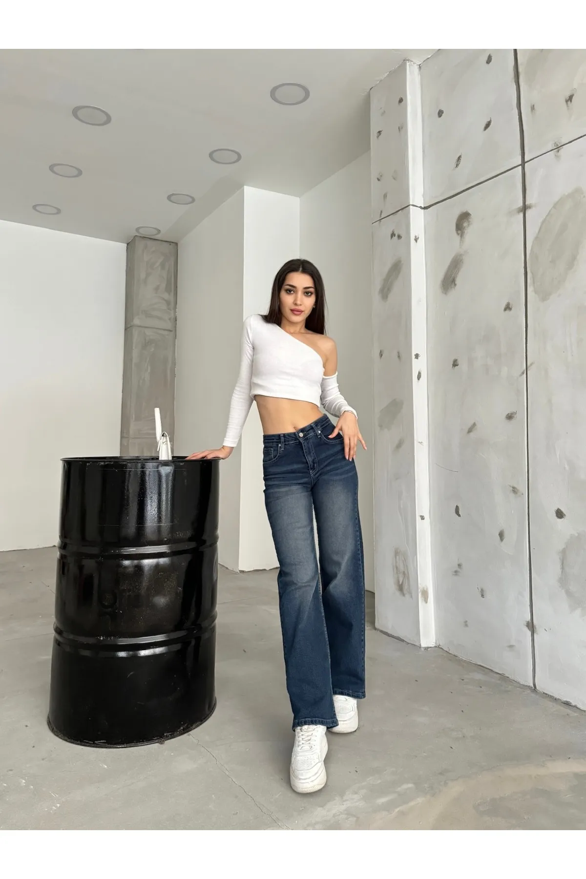 BİKELİFE  Damen Marineblaue, blasse Lycra-Jeans mit hoher Taille und weitem Bein, Salaş Palazzo Jeans
