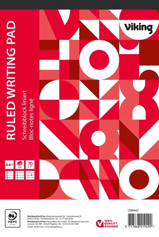 Viking Notizblock DIN A4  Liniert Geleimt Seitlich gebunden Papier Softcover Rot Perforiert 200 Seiten 5 Stück