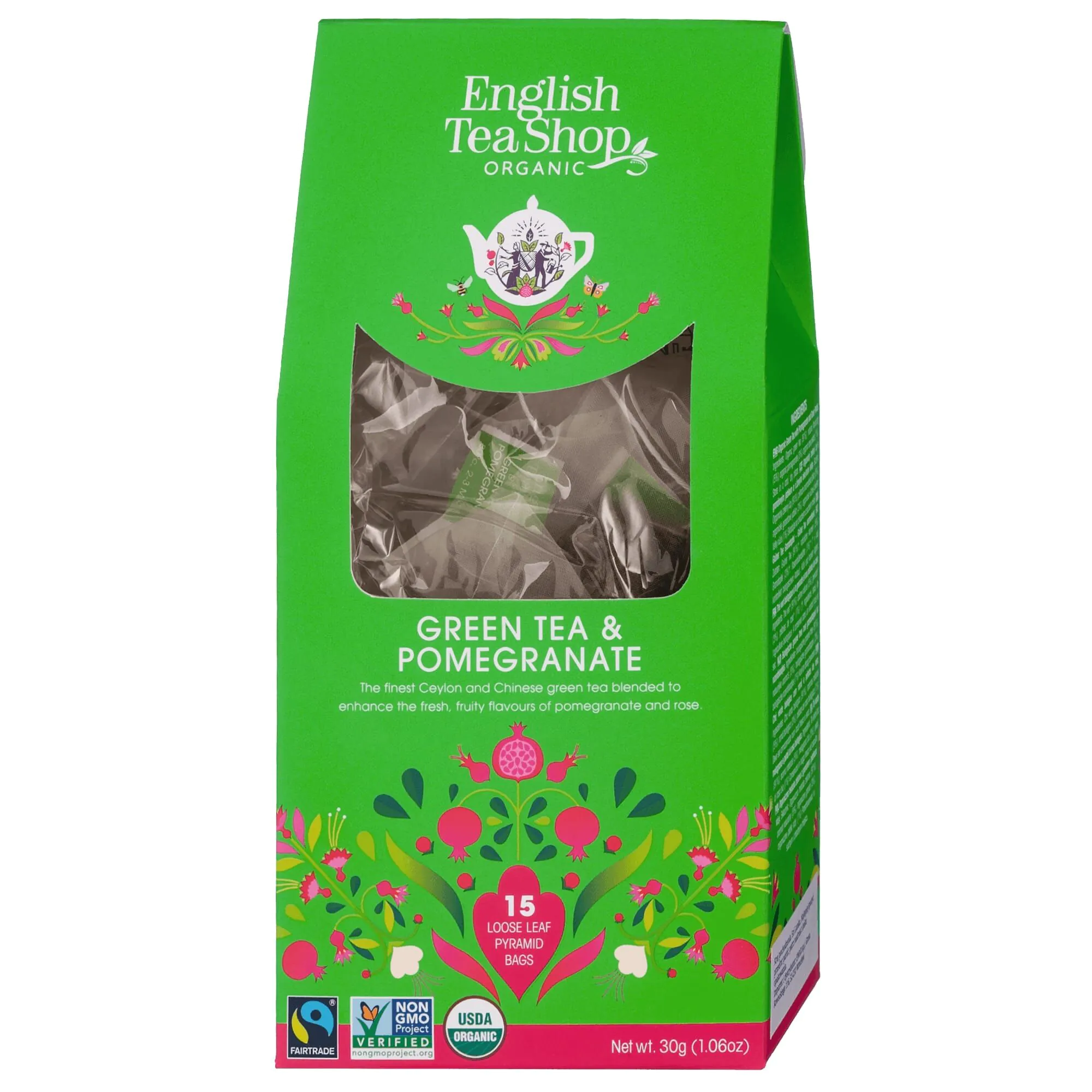 „English Tea Shop“ žalioji arbata ir granatai, ekologiška lapelių arbata, 15 piramidžių