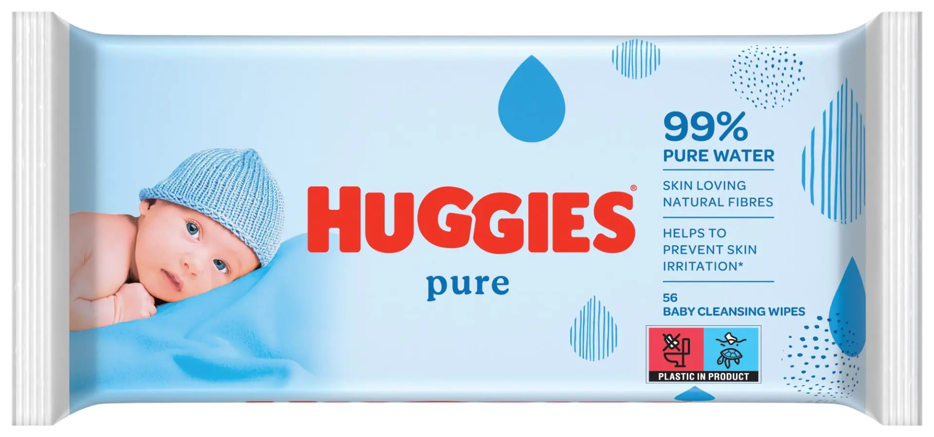 „Huggies Baby Wipes Pure“ drėgnos servetėlės, 56 vnt. pakuotėje.