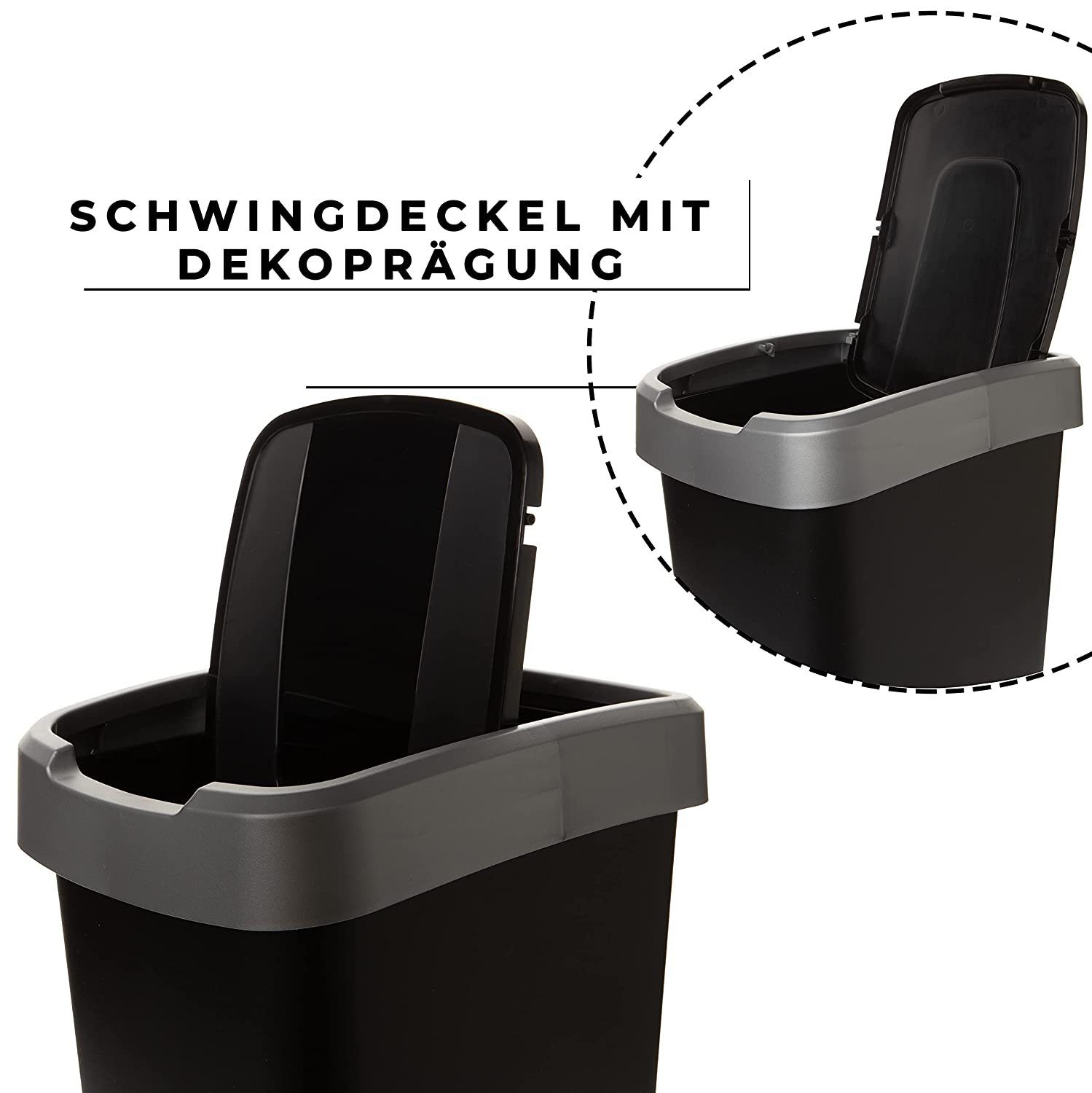 Centi Mülleimer 2 Abfalleimer 25 L mit Schwingdeckel, Mülleimer Küche, Mülltonne mit Deckel, Farbe: schwarz/silber, 33Lx25B x48H cm 25L