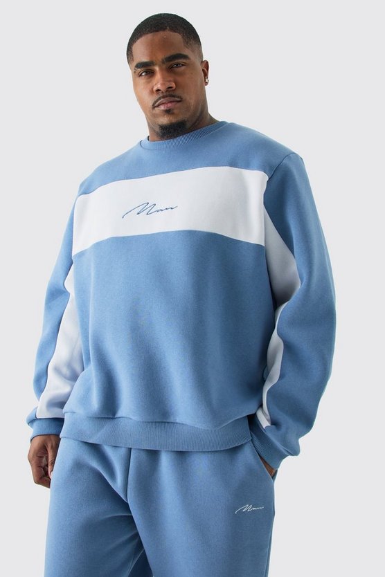 Plus Blauer Colorblock Man Sweatshirt-Trainingsanzug