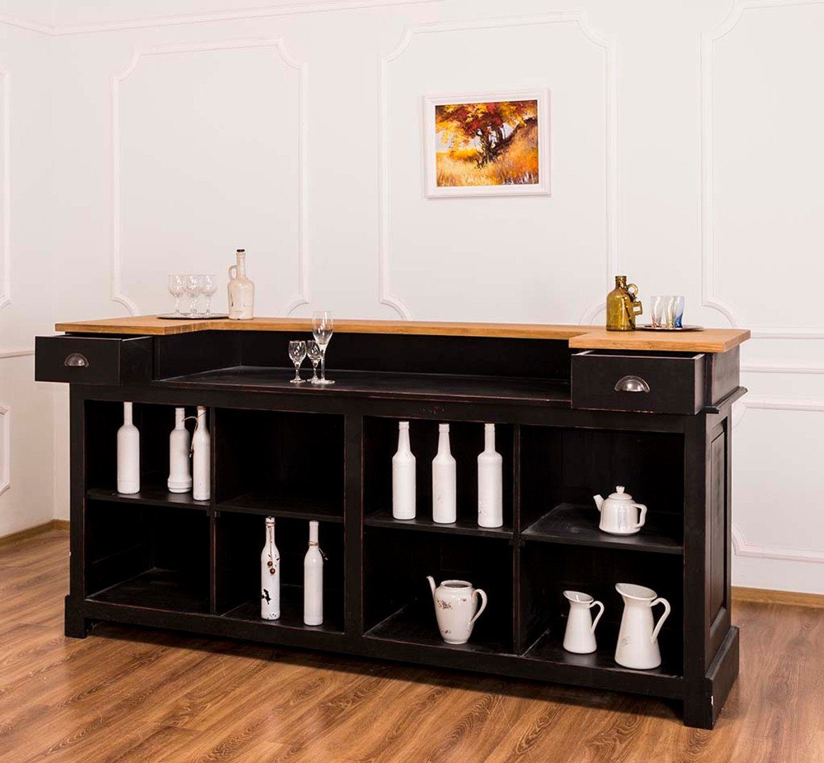 Casa Padrino Barschrank Landhausstil Thekenschrank Antik Schwarz / Naturfarben 220 x 65 x H. 107 cm - Ladentheke mit Schubladen und Ablagefächer