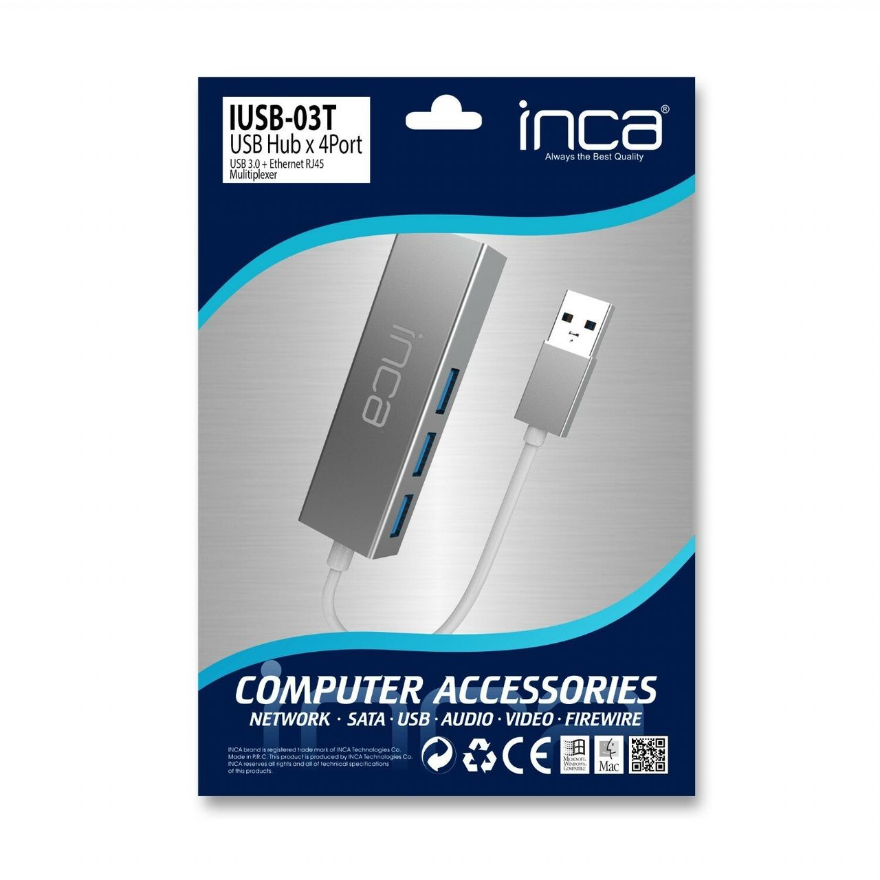 Inca USB-Hub X4 USB 3.0   Ethernet RJ45 USB-Multiport USB-Adapter Silber
