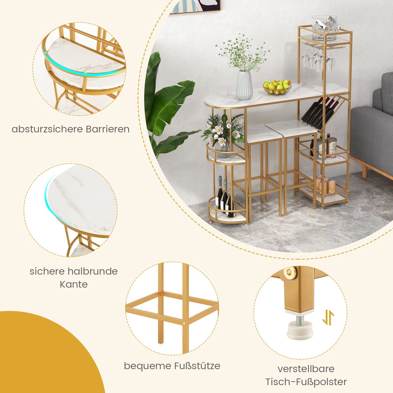 COSTWAY Bartisch, mit Hocker 2er Set, Mamor, mit Ablage, Glashalter&Weinregal