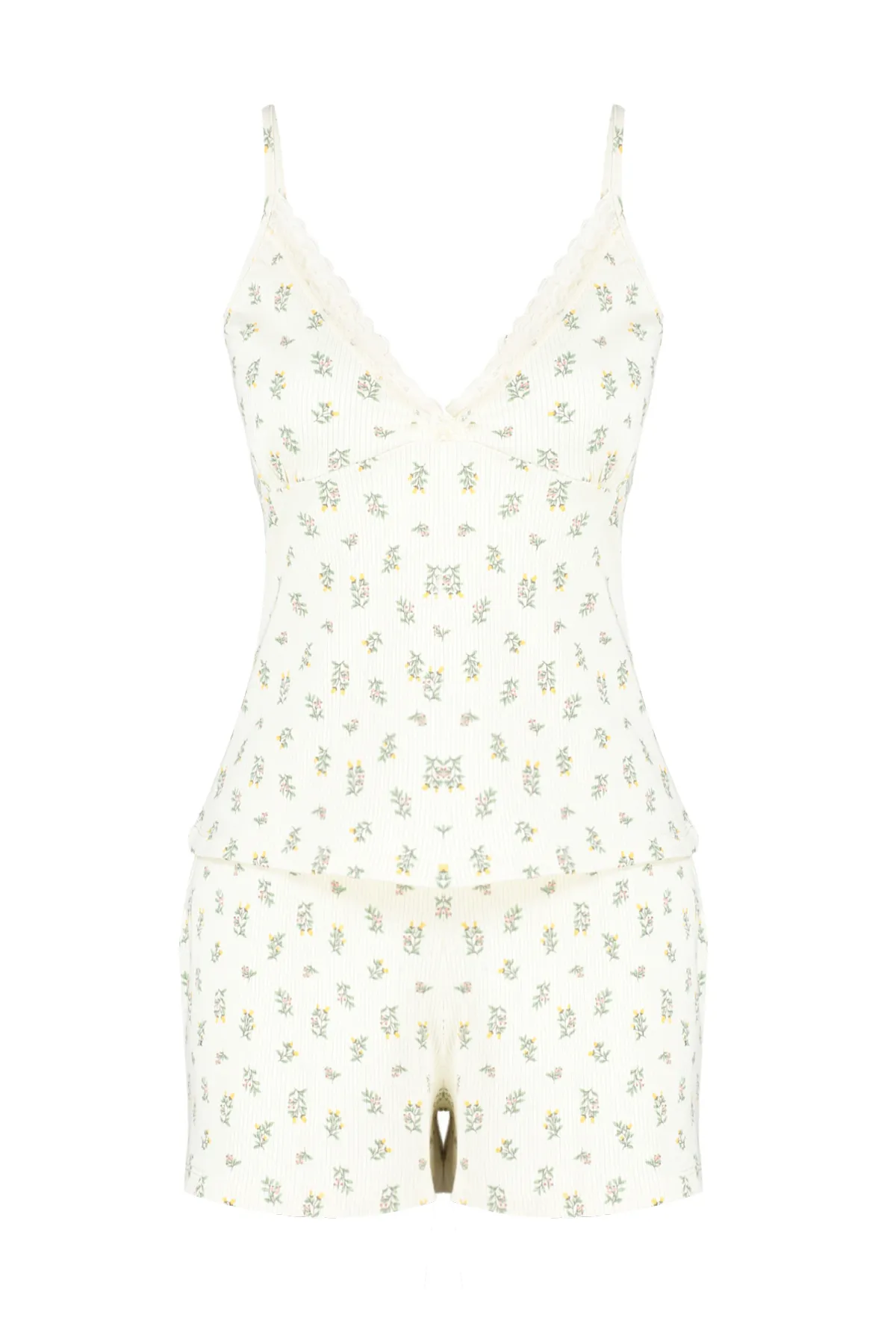 Trendyol Collection  Hochwertiges Pyjama-Set aus geripptem Strick und floraler Spitze in Ecru mit Seilträgern THMSS24PT00062