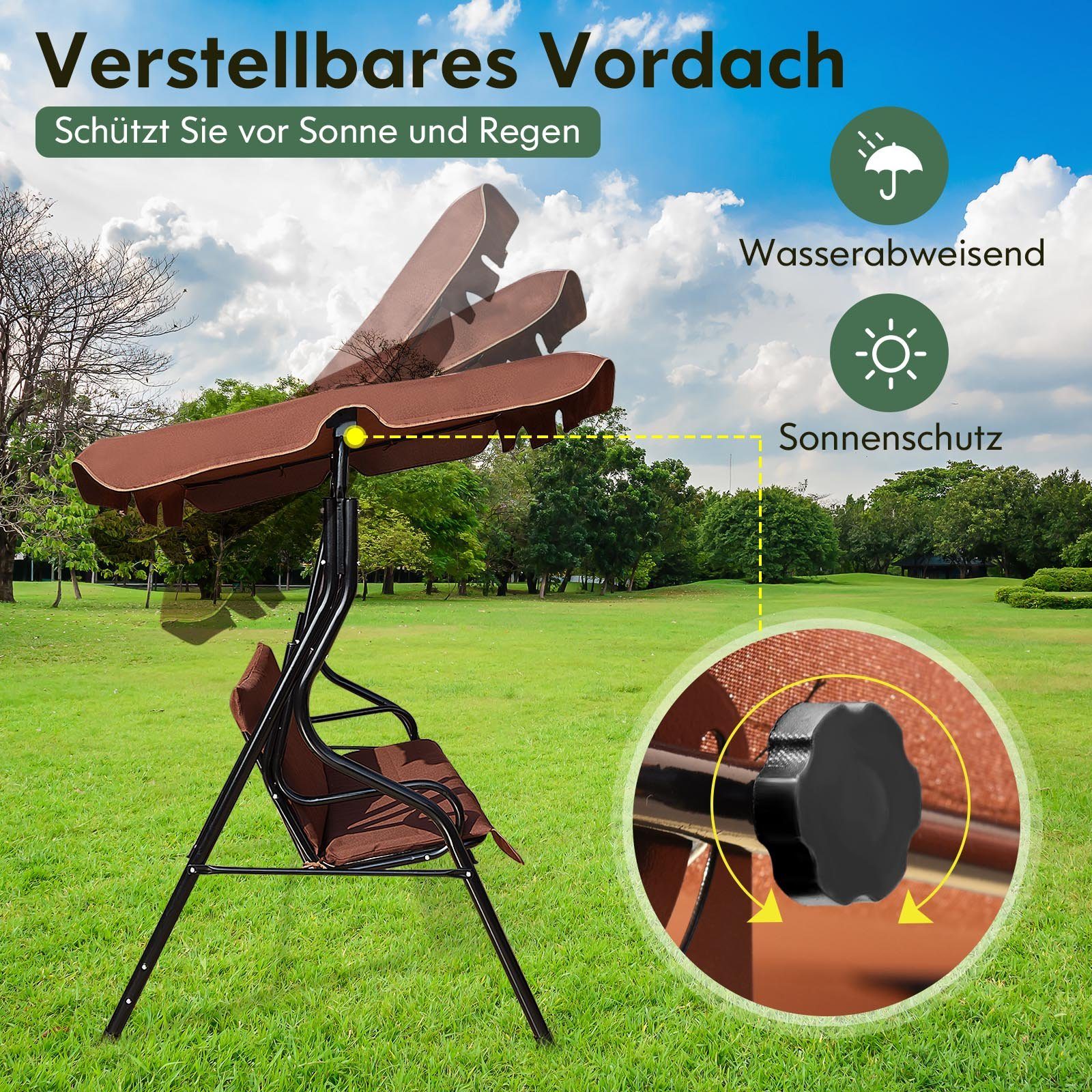 COSTWAY Hollywoodschaukel Gartenbank, 3-Sitzer, mit Sonnendach, bis 210 kg
