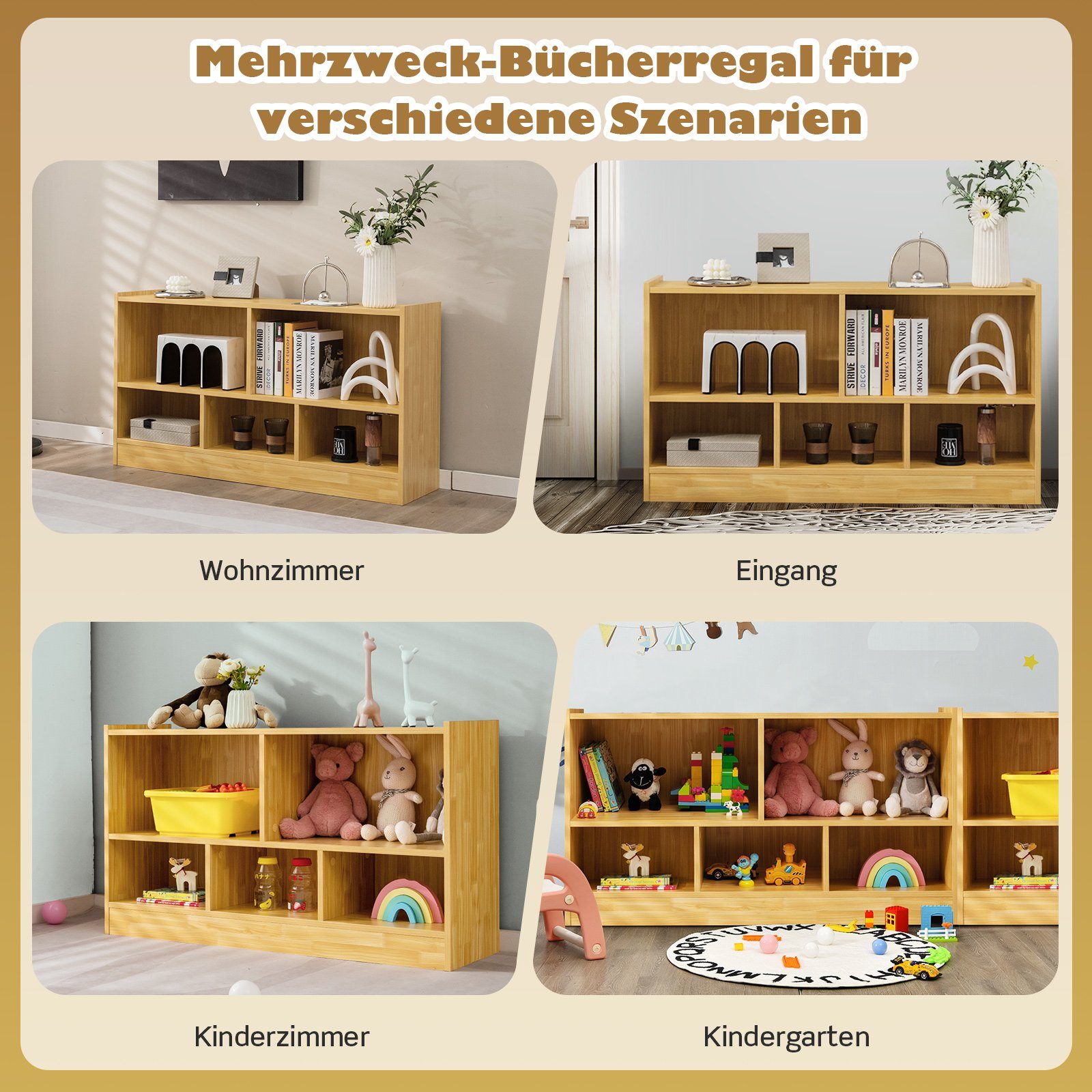 COSTWAY Bücherregal, Spielzeugschrank, 2 große Fächer & 3 kleine Fächer
