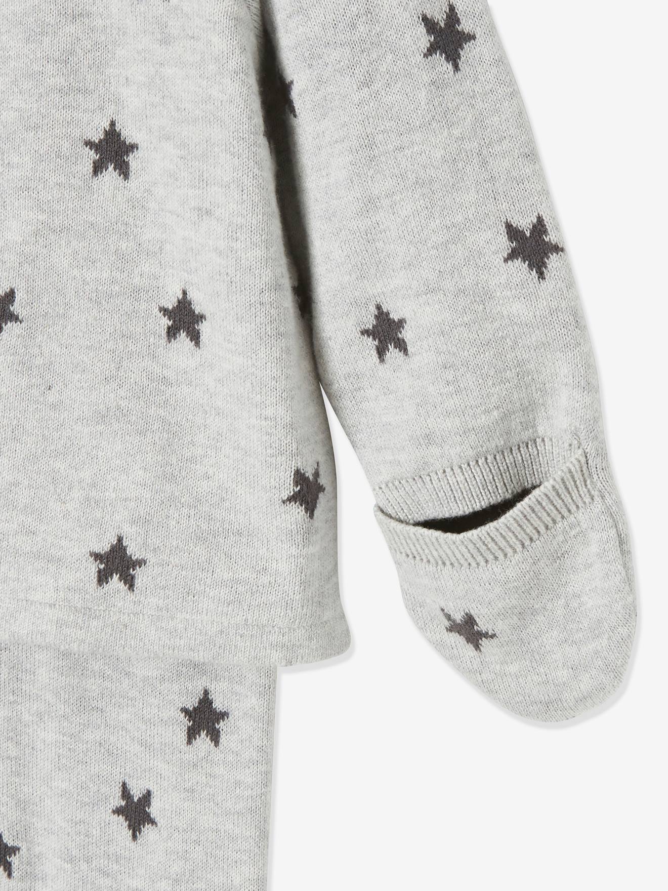 Ensemble 4 pièces bébé : pull + pantalon + bonnet + moufles gris clair chiné