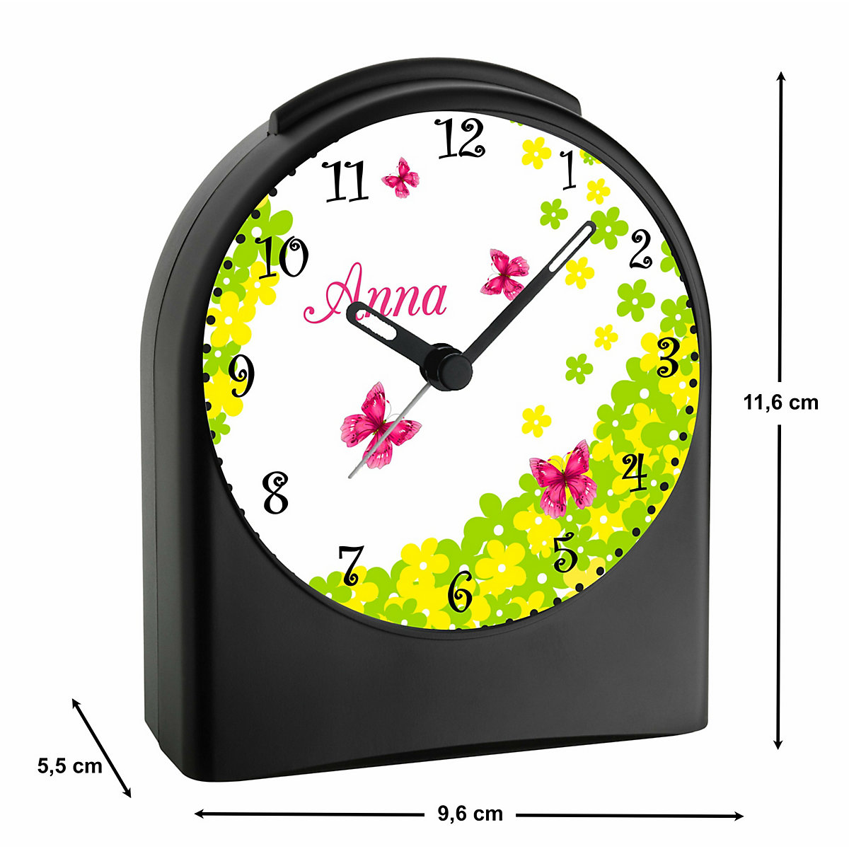 Kinder Funkwecker personalisiert mit Namen Schmetterling Atom-/Funkuhr, 12-Stunden-Anzeigeformat, Schlummerfunktion, Nachtlicht, Geräuschlos/Ohne Ticken