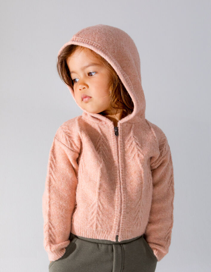 Cardigan rose poudré tricot fantaisie à capuche bébé fille