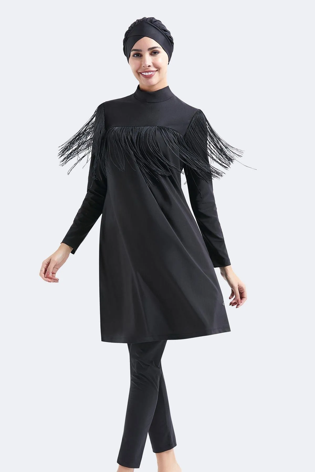 C&City  Vollständig bedeckter 4-teiliger Hijab-Badeanzug mit Quastendetail C14060 Schwarz