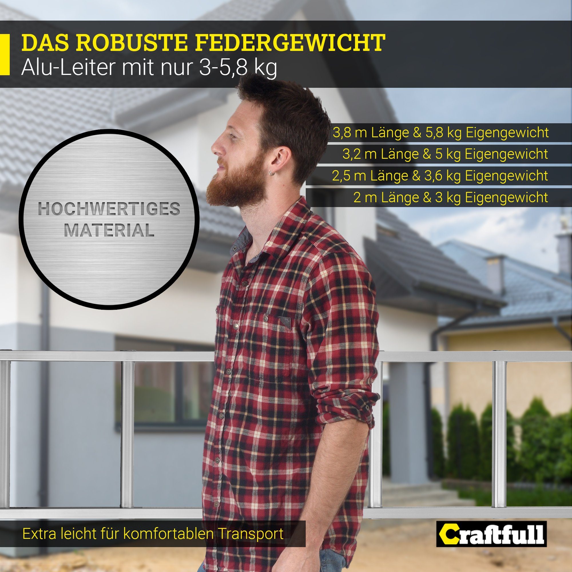 Craftfull Anlegeleiter Wandleiter CF-106C - 3 J. Garantie - 2-3,8 m - Aluminium (Mehrzweckleiter - Trittleiter, 1-St., gerillte Hartgummifüße, extra leicht, vier Größen), Alu Leiter Stehleiter Arbeitsleiter Haushaltsleiter bis 150 kg