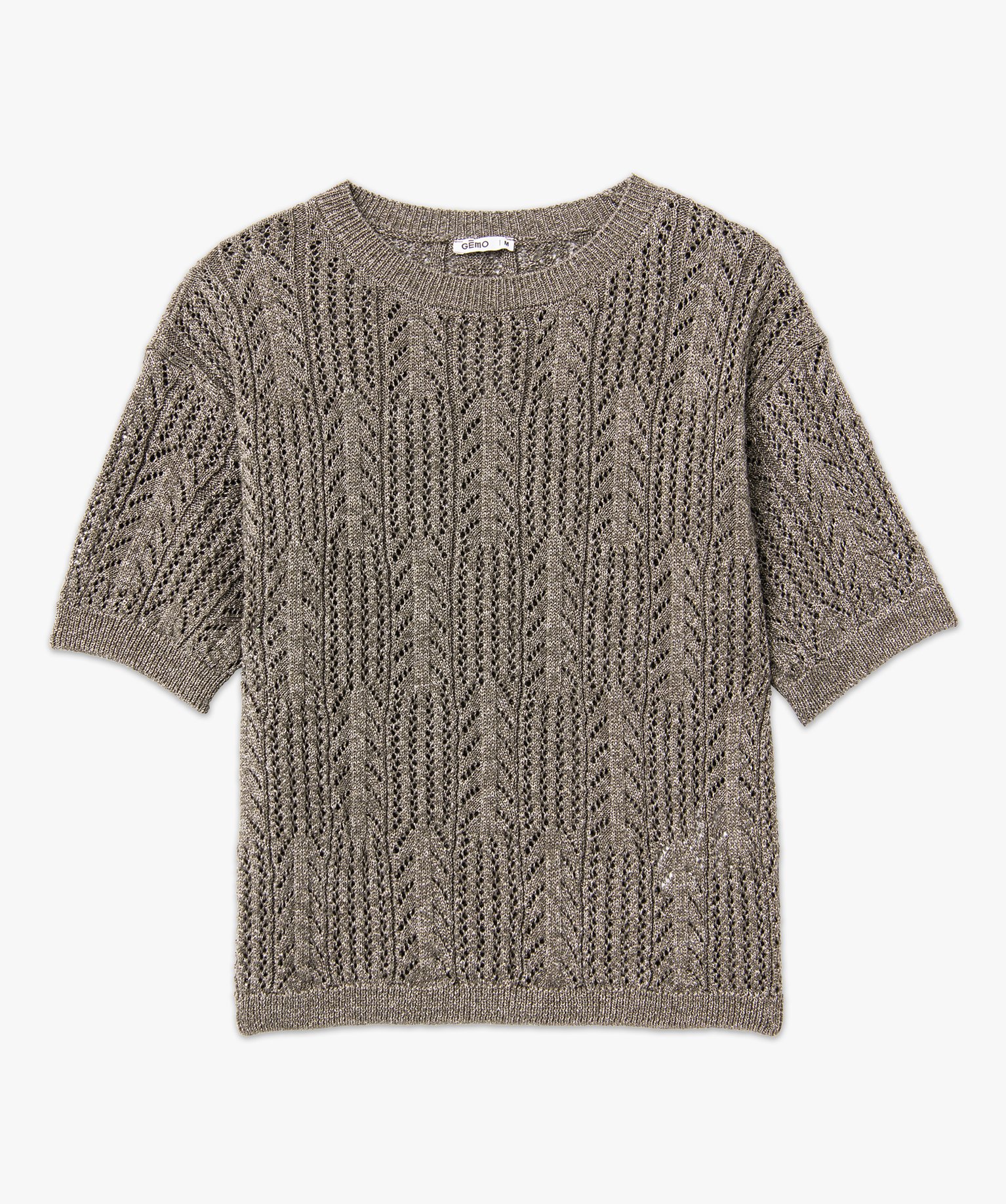 Pull à manches courtes en maille pailletée ajourée femme kaki | GEMO
