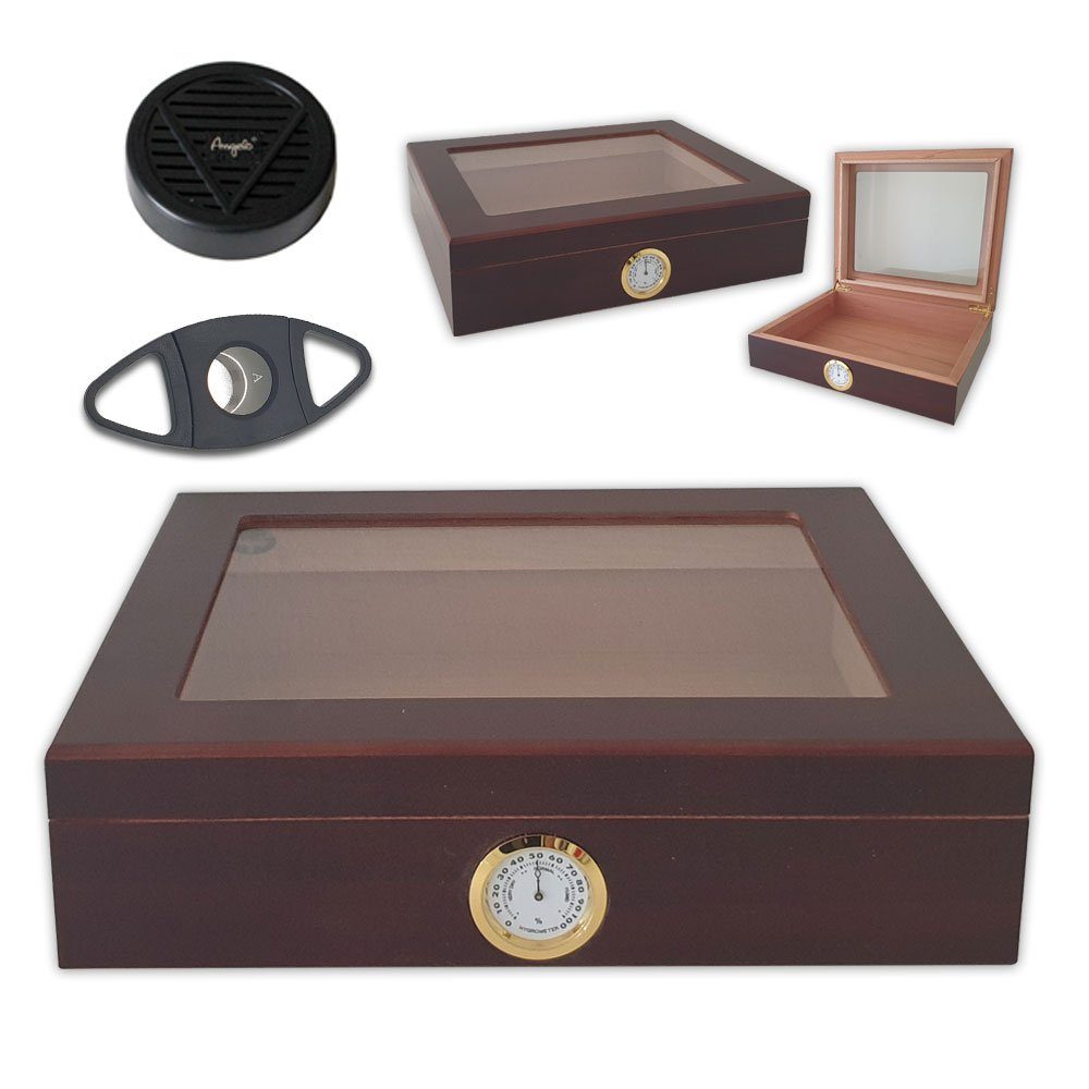 Coumo Humidor Glasdeckel, Humidor Set, für ca. 20 Zigarren, Zigarrenschneider