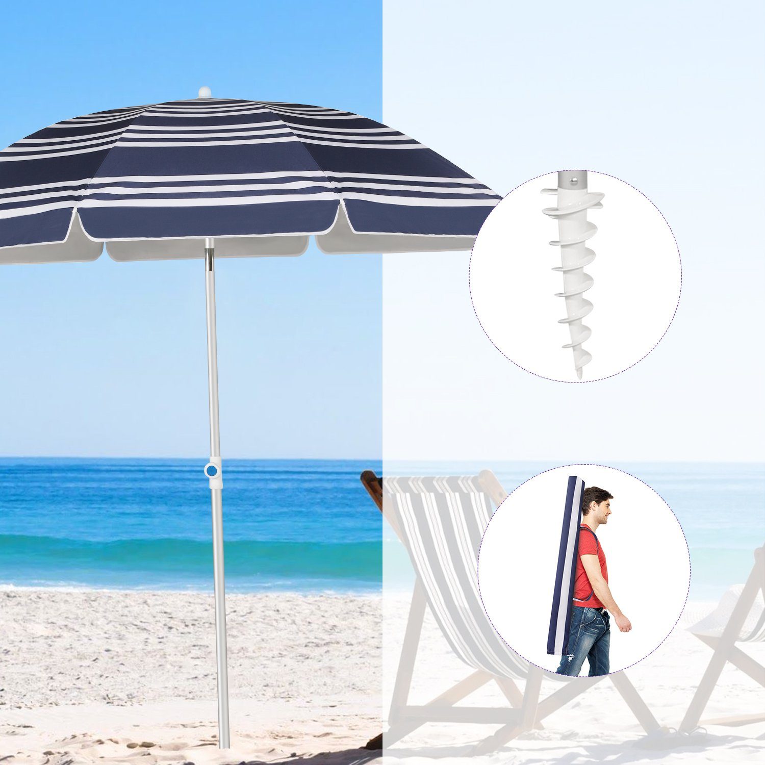 Sekey Sonnenschirm 160 cm Strandschirm mit Bodenhülse & Schutzhülle, UV-Schutz 50+, LxB: 160,00x160,00 cm, Neigungswinkel und Höhe verstellbar